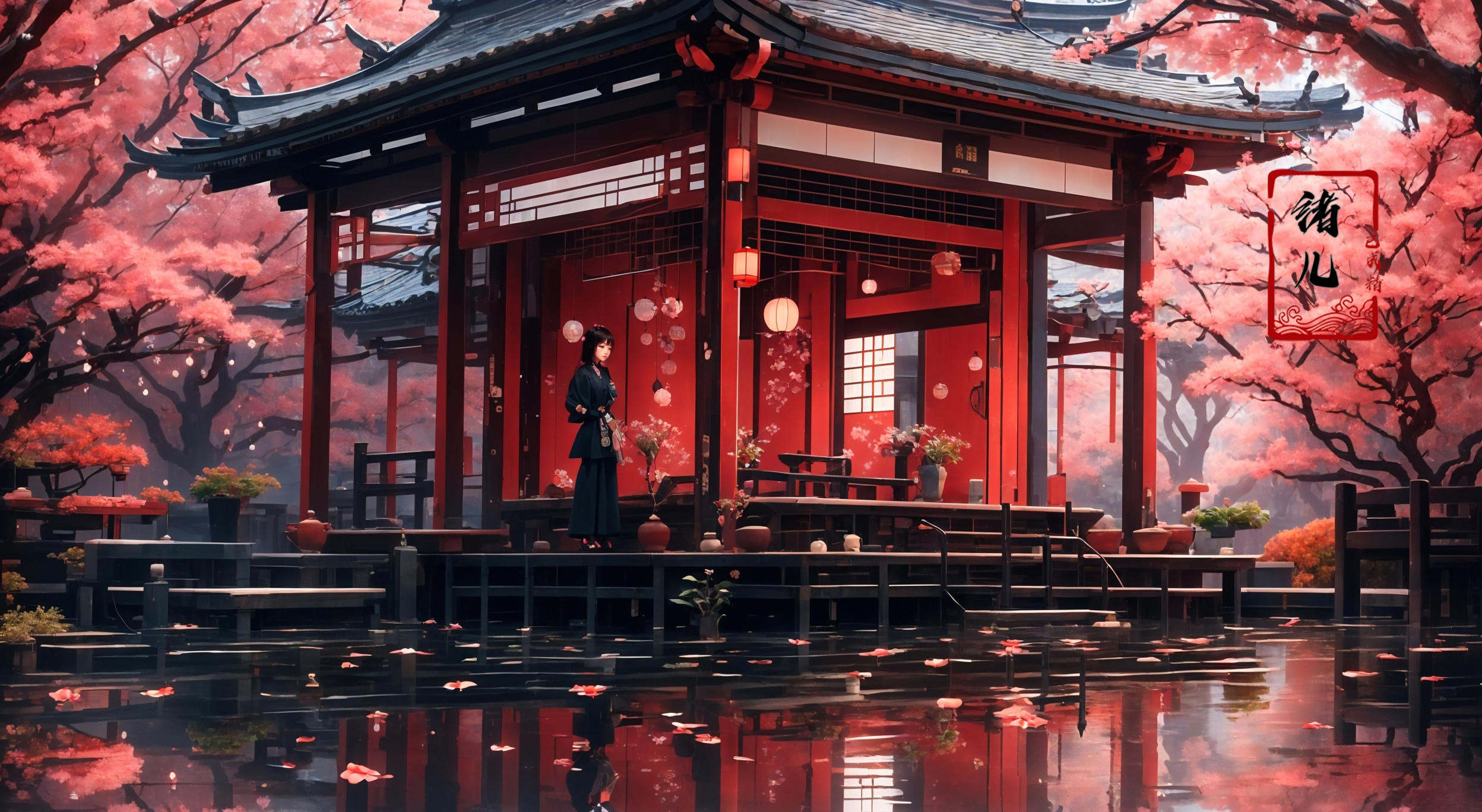 masterpiece, best quality, 8k,1girl, upper body，cherry blossoms，east asian architecture，petals，potted plant，reflection，red flower，water，chinese clothes，wide shot，autumn leaves，<lora:indoor_20230827164629:0.8>