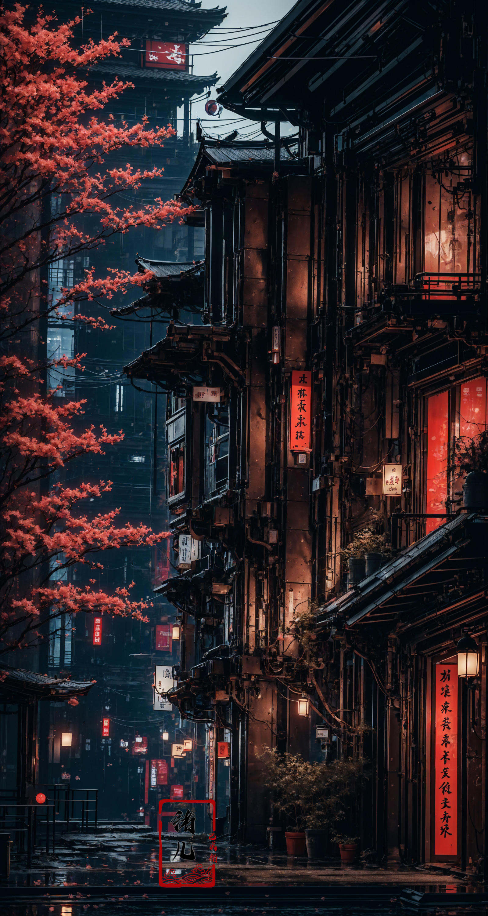 masterpiece, best quality, 8k,1girl, upper body，cherry blossoms，east asian architecture，petals，potted plant，reflection，red flower，water，chinese clothes，wide shot，autumn leaves，<lora:indoor_20230827164629:0.8>