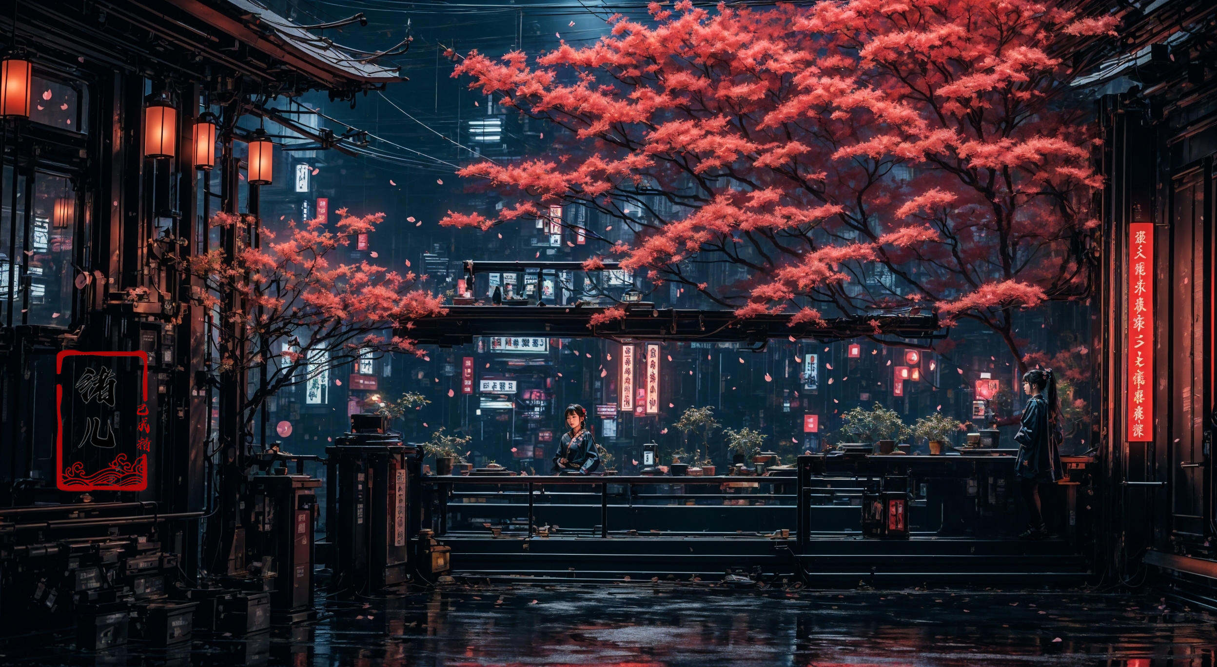 masterpiece, best quality, 8k,1girl, upper body，cherry blossoms，east asian architecture，petals，potted plant，reflection，red flower，water，chinese clothes，wide shot，autumn leaves，<lora:indoor_20230827164629:0.8>