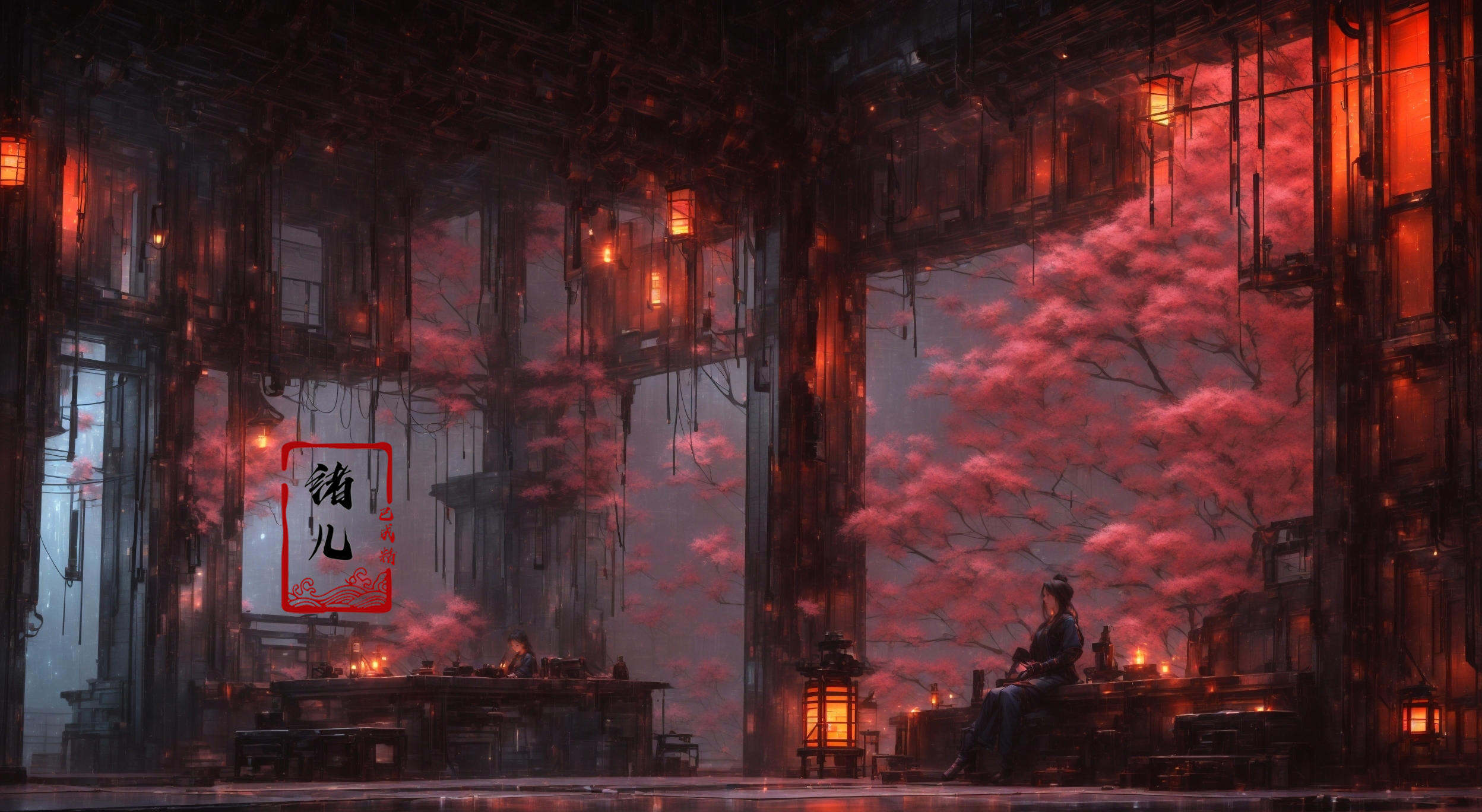 masterpiece, best quality, 8k,lindoor，1girl, solo，sitting，science fiction，glowing，weapon，window，architecture，night，lantern，plant，tree，indoors，<lora:indoor_20230827164629:0.8>