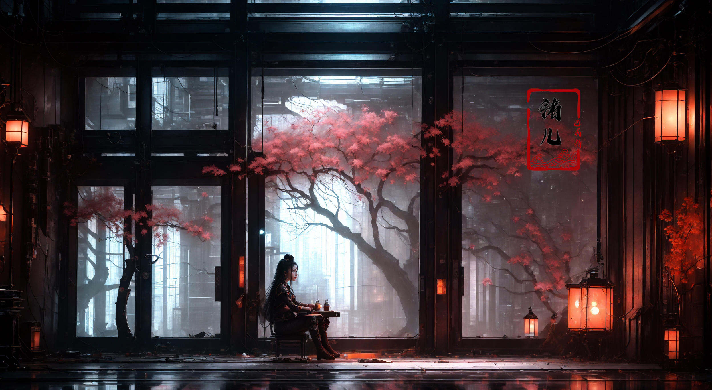 masterpiece, best quality, 8k,lindoor，1girl, solo，sitting，science fiction，glowing，weapon，window，architecture，night，lantern，plant，tree，indoors，<lora:indoor_20230827164629:0.8>