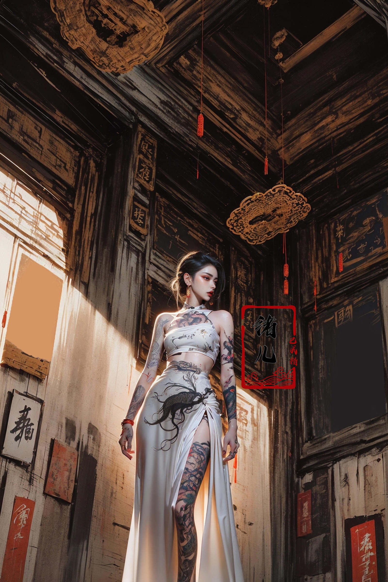 ((masterpiece))), (((best quality))), ((super detailed)), (highly detailed computer illustration), ((extremely delicate and beautiful)),cinematic light,(panorama:1.5)，(Indoors, Windows, sunlight, plants:1.3), Dynamic Angle, Perspective, High Point,pov，(from below:1.4),color paint，A mature face，sideways glance, (cold attitude,eyeshadow,eyeliner:1.1),(red lips:1.5),watery eyes, makeup，(white chinese clothes:1.4)，jewelry，earrings，arm tattoo，full-body tattoo, neck tattoo，(long legs:1.3)，big breasts,((((dramatic))), (((gritty))), (((intense)))，A shot with tension，Visual impact,giving the poster a dynamic and visually striking appearance,<lora:绪儿-彩﷿ color paint:0.8>