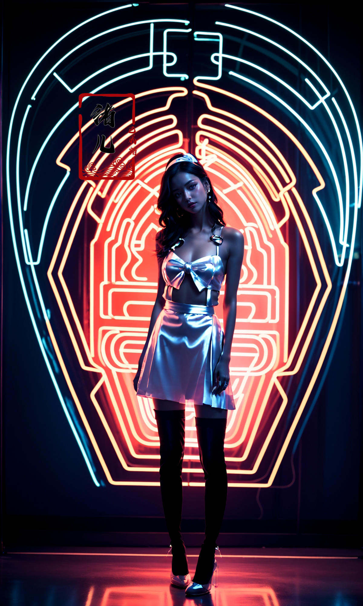 a beautiful woman in the dark with neon lights, a neon poster featuring a woman, in the style of rob hefferan,neon art nouveau, conceptual light sculptures, peter coulson, silhouette lighting, uhd image, slender, 8k 3d，Light and dark contrast, high contrast, high saturation，(Transparent clothes:1.5), (shiny skin:1.7)，koi，{{{Victoria black maid dress}}},hair ribbon,flowers on face,{long frills dress},maid headdress,white pantyhose,Skirt pleats,blue dress bow,yellow apron dress,(full body),mary janes，<lora:绪儿-霓虹灯neon:0.8>
