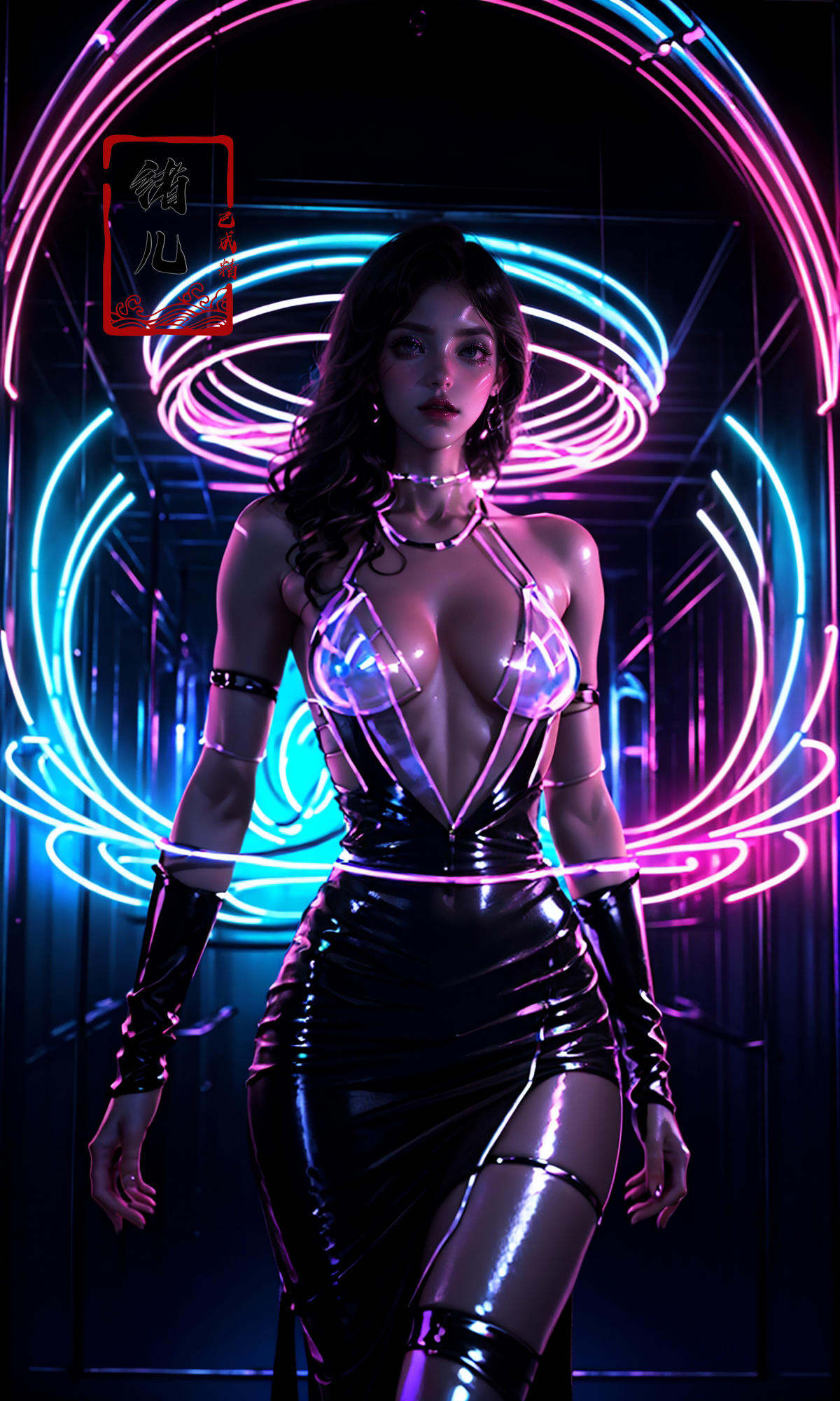 a beautiful woman in the dark with neon lights, a neon poster featuring a woman, in the style of rob hefferan,neon art nouveau, conceptual light sculptures, peter coulson, silhouette lighting, uhd image, slender, 8k 3d，Light and dark contrast, high contrast, high saturation，(Transparent clothes:1.5), (shiny skin:1.7)，<lora:绪儿-霓虹灯neon:0.8>taut_dress,