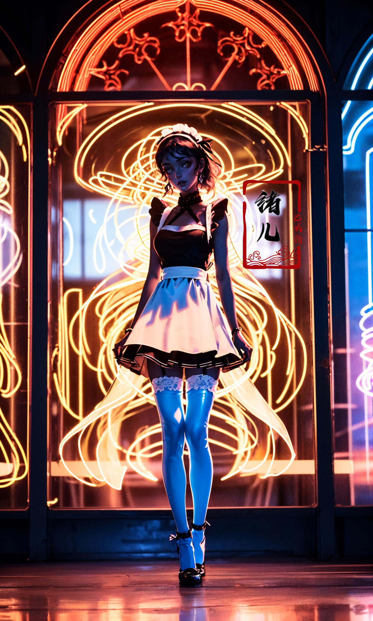 a beautiful woman in the dark with neon lights, a neon poster featuring a woman, in the style of rob hefferan,neon art nouveau, conceptual light sculptures, peter coulson, silhouette lighting, uhd image, slender, 8k 3d，Light and dark contrast, high contrast, high saturation，(Transparent clothes:1.5), (shiny skin:1.7)，koi，{{{Victoria black maid dress}}},hair ribbon,flowers on face,{long frills dress},maid headdress,white pantyhose,Skirt pleats,blue dress bow,yellow apron dress,(full body),mary janes，<lora:绪儿-霓虹灯neon:0.8>