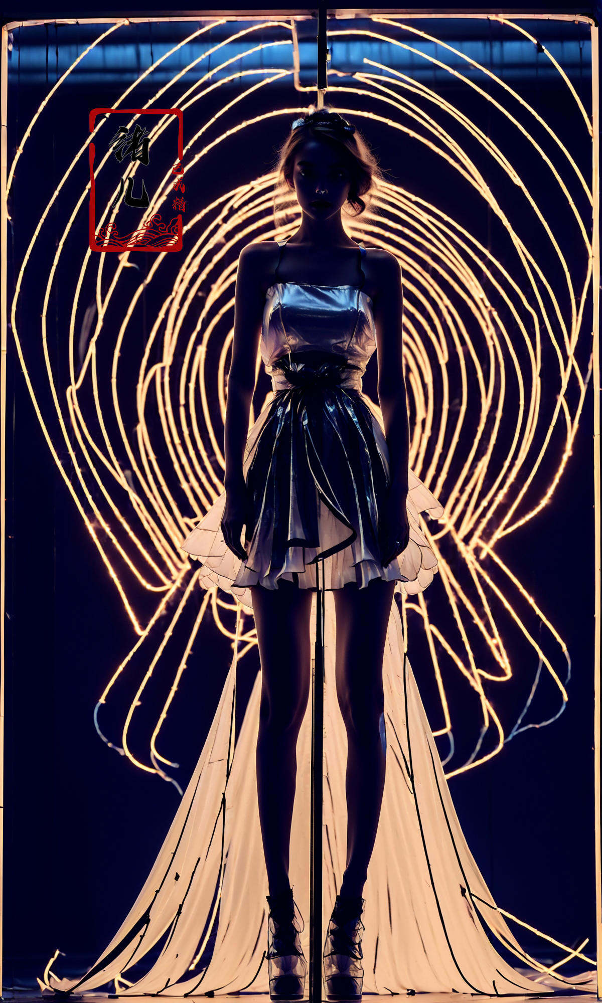 a beautiful woman in the dark with neon lights, a neon poster featuring a woman, in the style of rob hefferan,neon art nouveau, conceptual light sculptures, peter coulson, silhouette lighting, uhd image, slender, 8k 3d，Light and dark contrast, high contrast, high saturation，(Transparent clothes:1.5), (shiny skin:1.7)，koi，{{{Victoria black maid dress}}},hair ribbon,flowers on face,{long frills dress},maid headdress,white pantyhose,Skirt pleats,blue dress bow,yellow apron dress,(full body),mary janes，<lora:绪儿-霓虹灯neon:0.8>