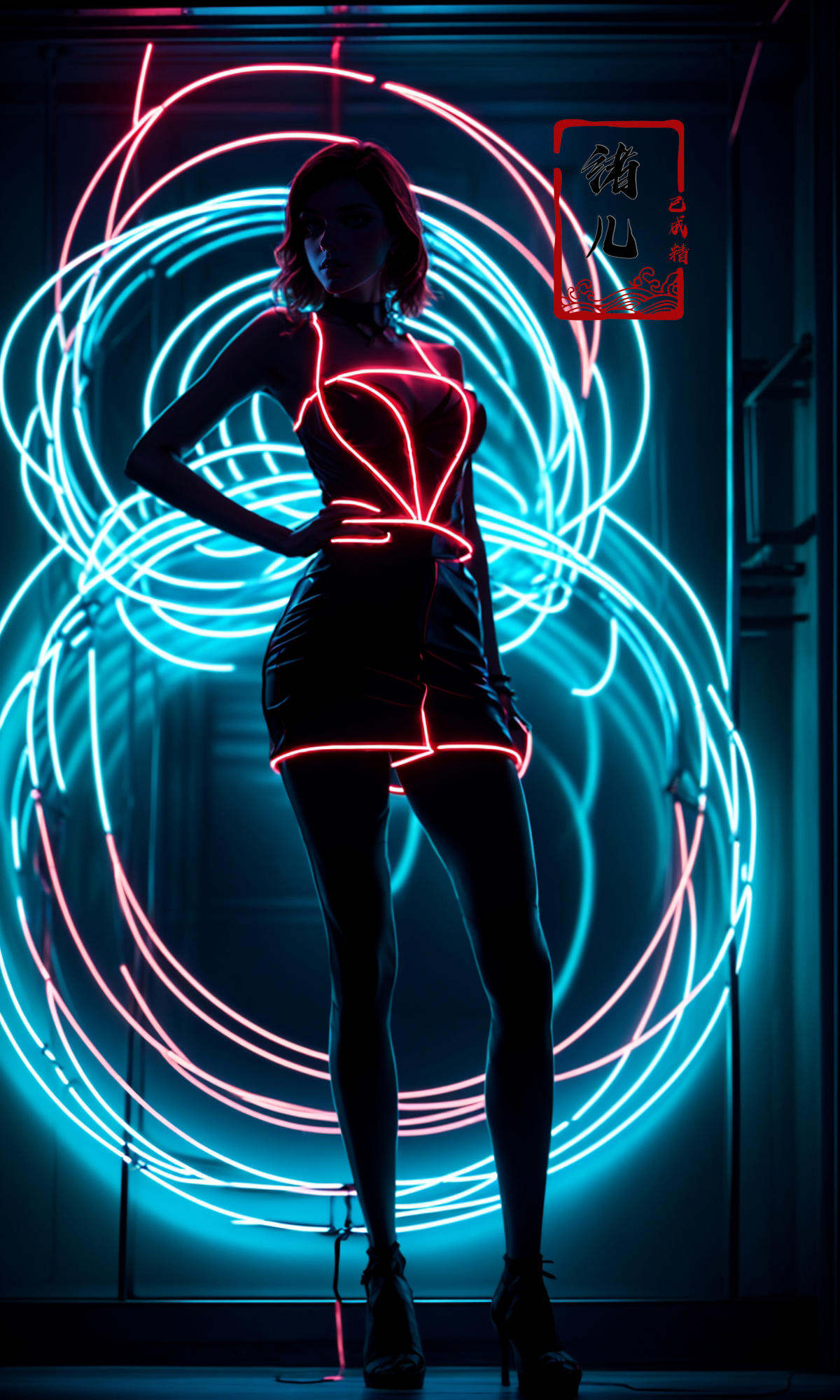 a beautiful woman in the dark with neon lights, a neon poster featuring a woman, in the style of rob hefferan,neon art nouveau, conceptual light sculptures, peter coulson, silhouette lighting, uhd image, slender, 8k 3d<lora:绪儿-霓虹灯neon:1>