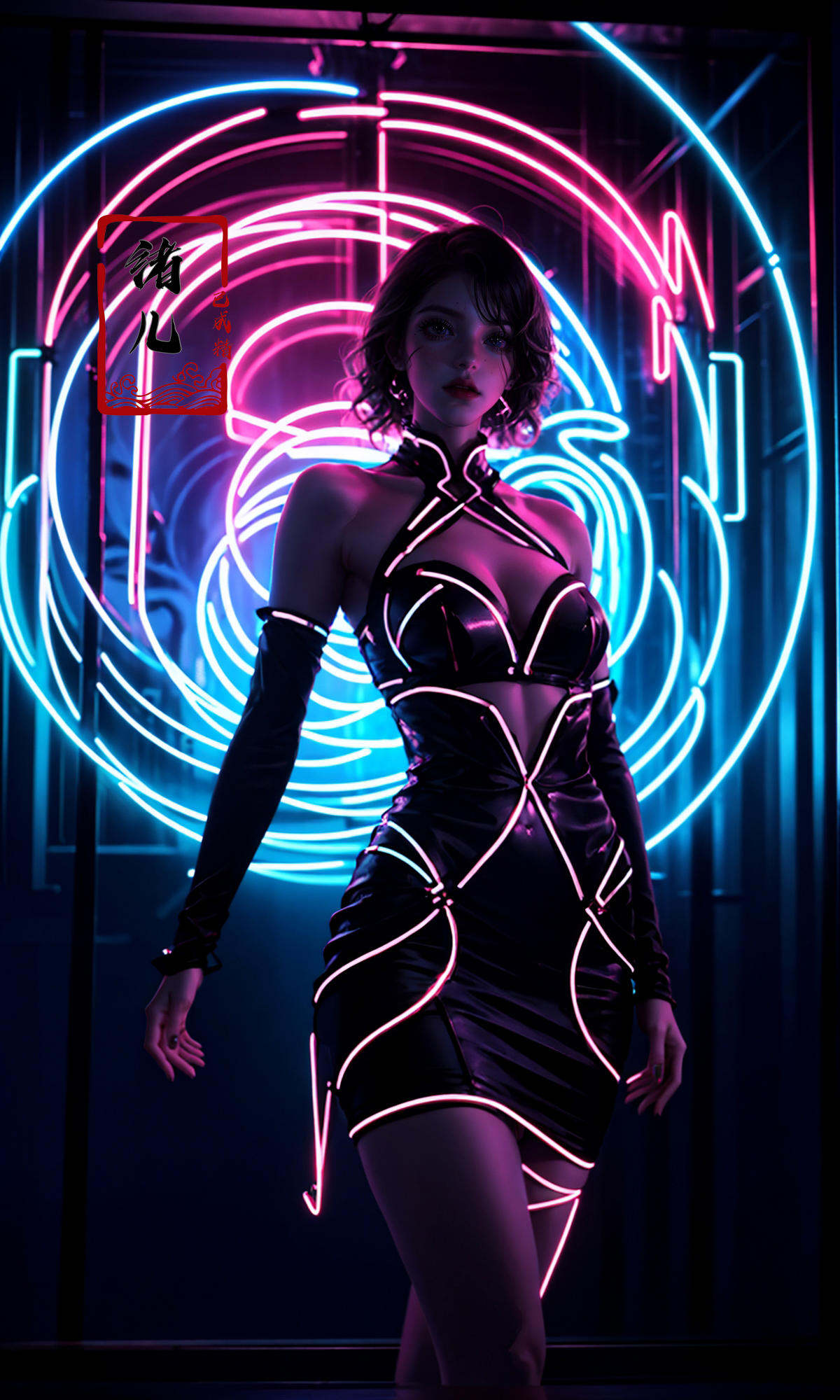 a beautiful woman in the dark with neon lights, a neon poster featuring a woman, in the style of rob hefferan,neon art nouveau, conceptual light sculptures, peter coulson, silhouette lighting, uhd image, slender, 8k 3d<lora:绪儿-霓虹灯neon:0.8>