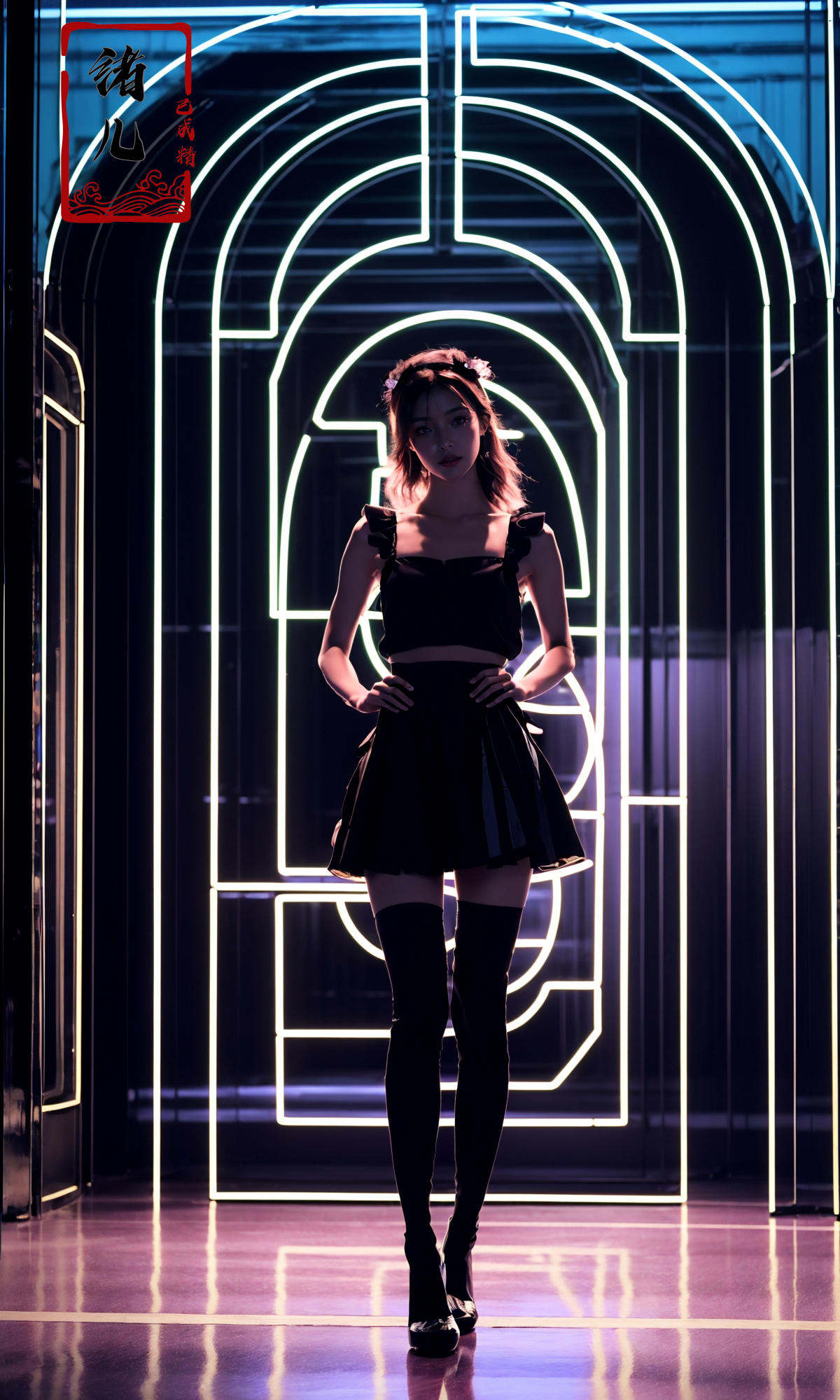 a beautiful woman in the dark with neon lights, a neon poster featuring a woman, in the style of rob hefferan,neon art nouveau, conceptual light sculptures, peter coulson, silhouette lighting, uhd image, slender, 8k 3d，Light and dark contrast, high contrast, high saturation，(Transparent clothes:1.5), (shiny skin:1.7)，koi，{{{Victoria black maid dress}}},hair ribbon,flowers on face,{long frills dress},maid headdress,white pantyhose,Skirt pleats,blue dress bow,yellow apron dress,(full body),mary janes，<lora:绪儿-霓虹灯neon:0.8>