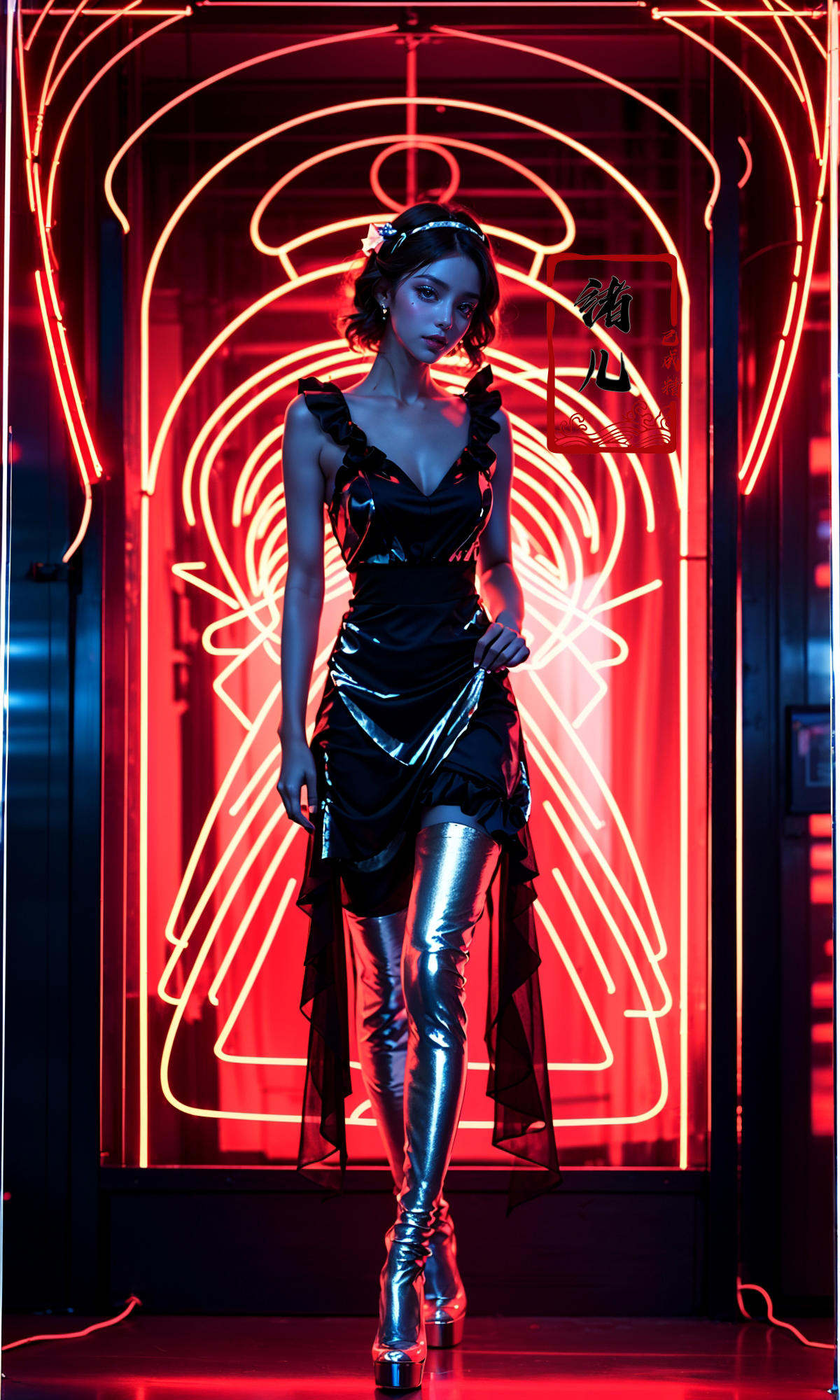a beautiful woman in the dark with neon lights, a neon poster featuring a woman, in the style of rob hefferan,neon art nouveau, conceptual light sculptures, peter coulson, silhouette lighting, uhd image, slender, 8k 3d，Light and dark contrast, high contrast, high saturation，(Transparent clothes:1.5), (shiny skin:1.7)，koi，{{{Victoria black maid dress}}},hair ribbon,flowers on face,{long frills dress},maid headdress,white pantyhose,Skirt pleats,blue dress bow,yellow apron dress,(full body),mary janes，<lora:绪儿-霓虹灯neon:0.8>