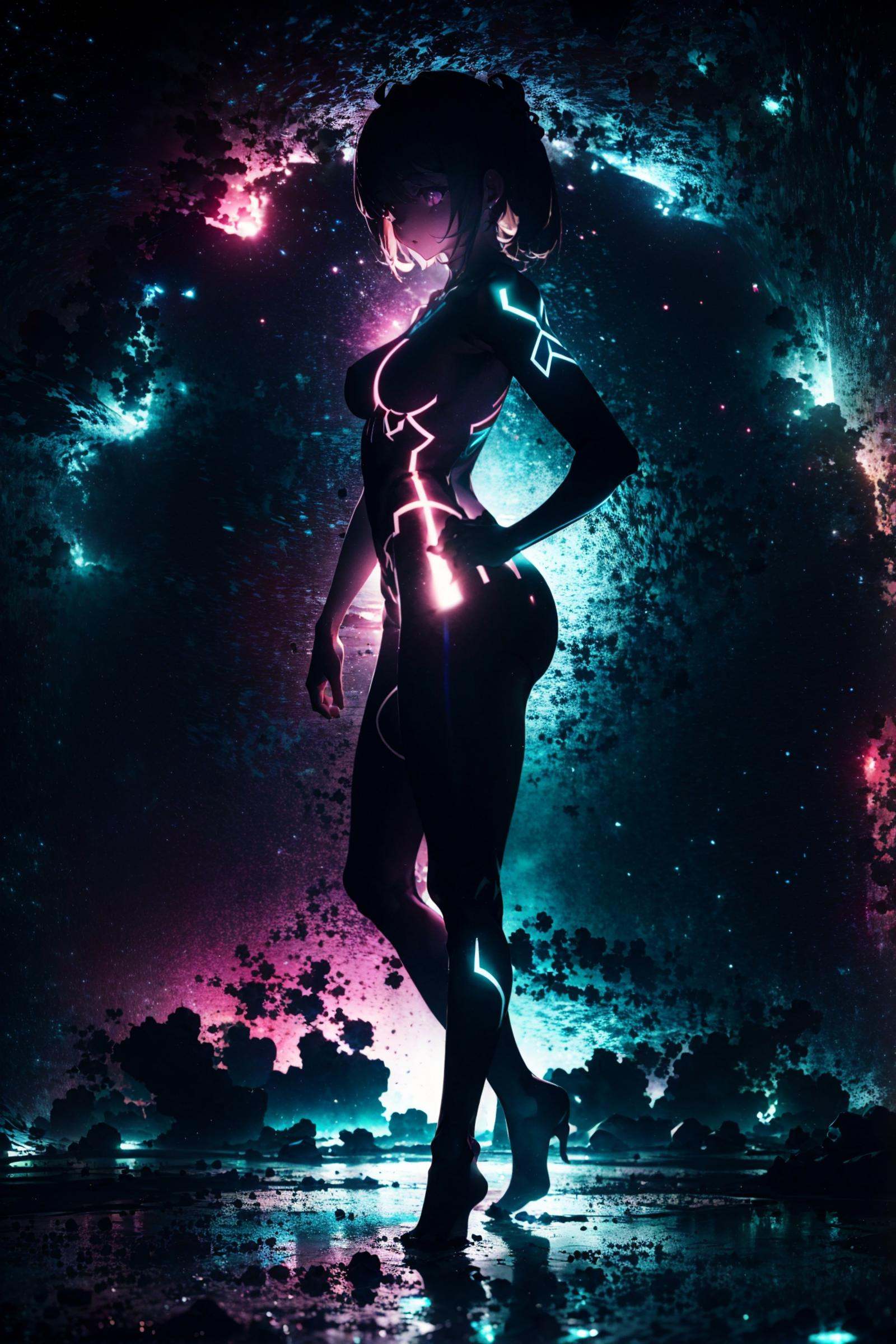 (silhouette:1.5)，cury，1girl，solo，standing，long hair，breasts，nude，full body，glowing，ass，(glowing full- body tattoo:1.3)，high_heels, green theme，Epic CG masterpiece, hdr,dtm, full ha,8K, ultra detailed graphic tension, dynamic poses, stunning colors, 3D rendering, surrealism, cinematic lighting effects, realism, 00 renderer, super realistic, full - body photos, super vista, super wide Angle, HD，<lora:绪儿-剪影curvy:0.8>