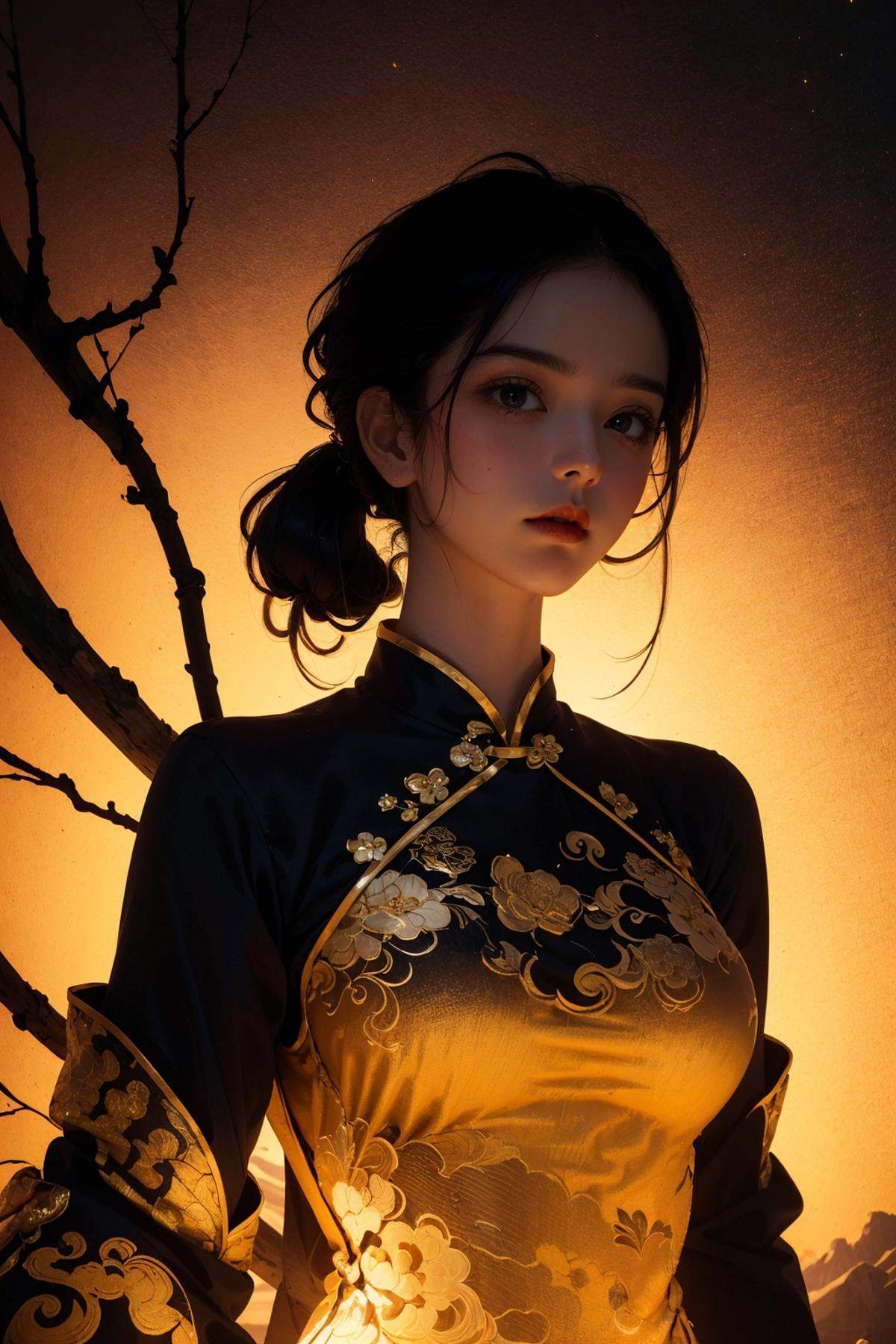 mountain, cloud, black,dusk，(imid shot:0.95),(imid shot,macro shot:1.25),rivulet，1girl,solo, Chinese white Antique Costume,chinese Martial Arts,(upper body:1.2),looking at viewer,large_breasts，holding one katana,,absurd long ponytail,tress ribbon,(silhouette:1.3)，curvy,<lora:绪儿-剪影curvy:0.8>