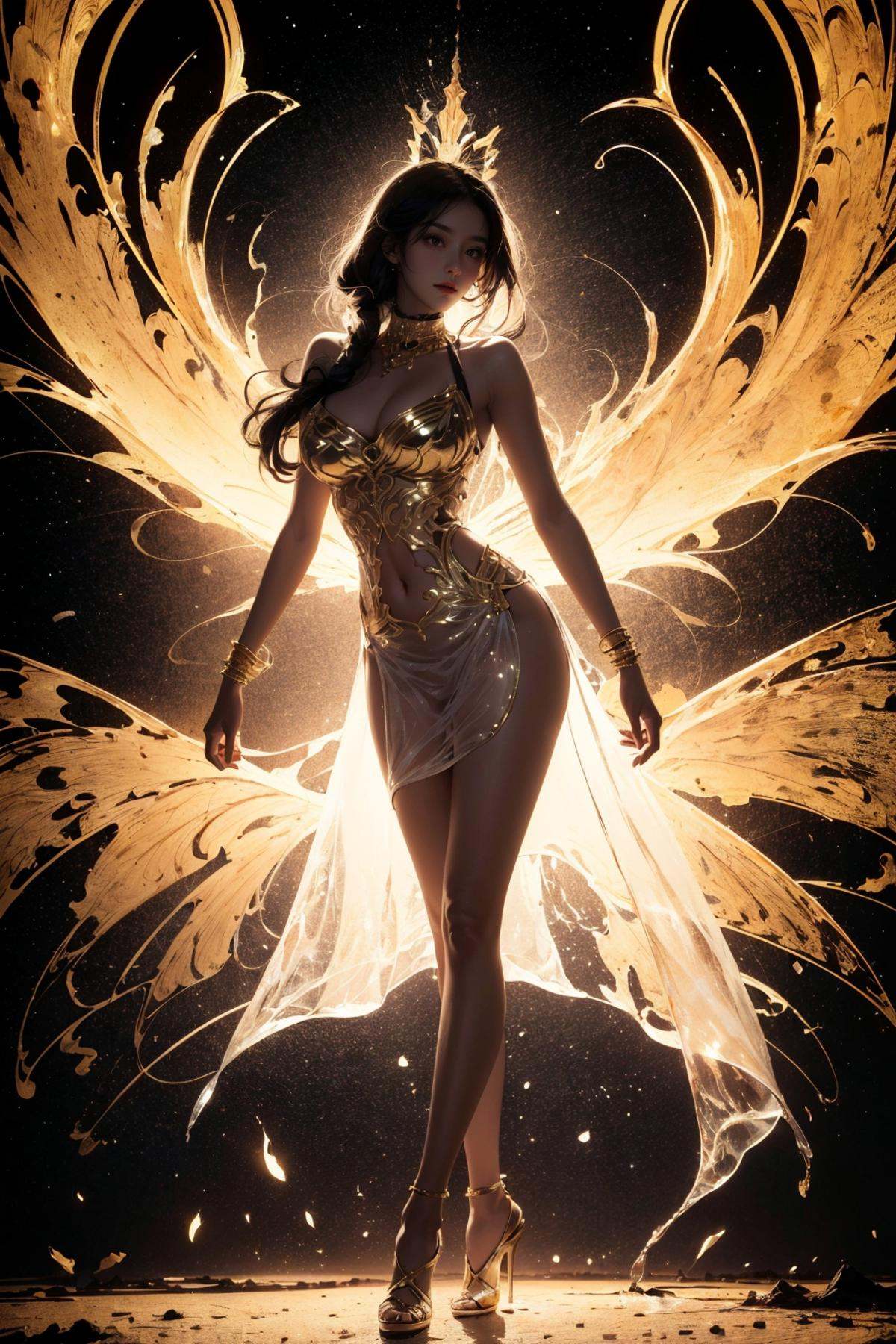 ((masterpiece,)),(( best quality,)),extremely detailed cg 8k wallpaper,bright colors,Dramatic light,photoreal full body  ，fantasy art， game art，(wide-angle lens,Panoramic:1.2),character oil painting by Amano Yoshitaka ,Thick acrylic illustration on pixiv, Full body portrait, light background, iridescent colors,watery eyes, beauitful face,bokehchiaroscuro, wlop, SakimiChan and Yoji Shinkawaand serafleur, gold white silver, soft focus,holy cinematic rim, chiaroscuro 8K, an illustration with white and gold art, vray tracing, dark and brooding designer, elaborate costumes,realistic hyper-detail, oku art,resinart of paper, love, anime wallpapers, wall art, white flowers, in the style of guo pei, detailed portraiture, silver and gold, multidimensional shading, detailed character design, fantastical compositions, multi-layered compositions, Meticulously crafted, Ultrahigh Resolution, Ultrahigh Clarity, Ultrahigh HD Picture, Sharpness, Sharp details, Sharp details, 8K,1girl, dynamic angle, casting pose,(freckles:0.8), gold choker, intricate Egyptian gold and black armor, white cloak, hieroglyphics, by Jeremy Lipking, by Antonio J Manzanedo, short black hair with gold highlights, messy hair, (gold eyes), royal,midriff, navel, dusk lighting, sideways glance, (cold attitude,eyeshadow,eyeliner:1.5), (profile,:1.2),walk，(desert background,Egyptian dress,Egyptian dress:1.7),(Egyptian makeup,Egyptian makeup:1.4), (dark skin，black skin, shiny skin:1.5),mature female,milf,tall body,A shot with tension，(gigantic breasts:1.0),full body,outdoors，(long legs:1.4), Drill hair,epic realistic, (dark shot:1), shadows, darkness, rays of light, reflections, mist, smoke, halos, flickering, contrast, layered colors，Mafia Film Light and Shadow Style，dark, gray, black and white, vivid colors, contrast,(silhouette:1.3)，curvy,<lora:绪儿-剪影curvy:0.8>