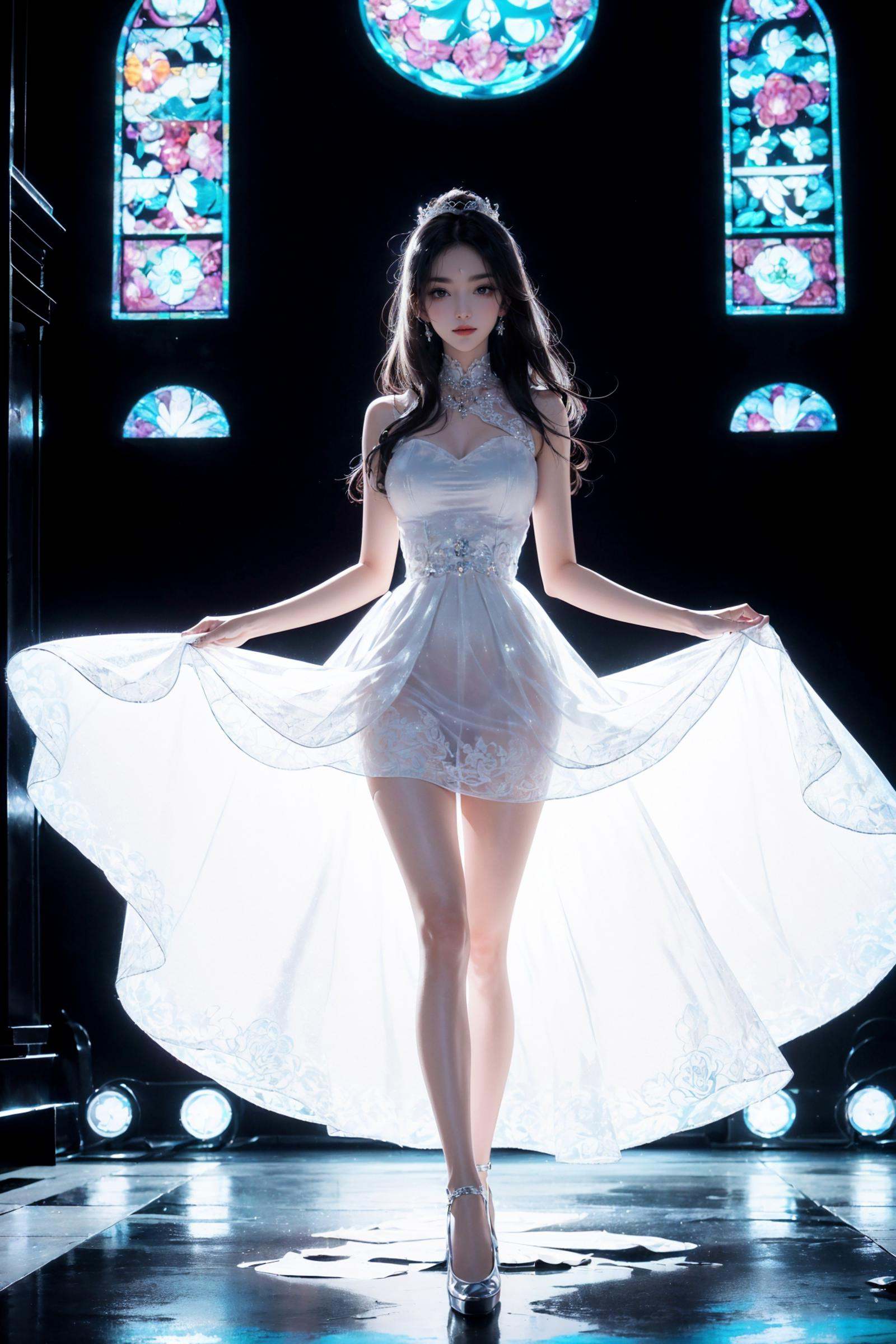 an extremely delicate and beautiful girl,solo,(best quality),((masterpiece)), full body，(Detailed details:1.1), 8k wallpapers, super high resolution,(Floating skirt and hair:1.1),(Kpop idol),very long hair, Unreal 5，Walking in church， (Absurdly long wedding dress:1.1), (((petticoat Princess dress)))，high point，light smile,(silhouette:1.3)，curvy,<lora:绪儿-剪影curvy:0.8>