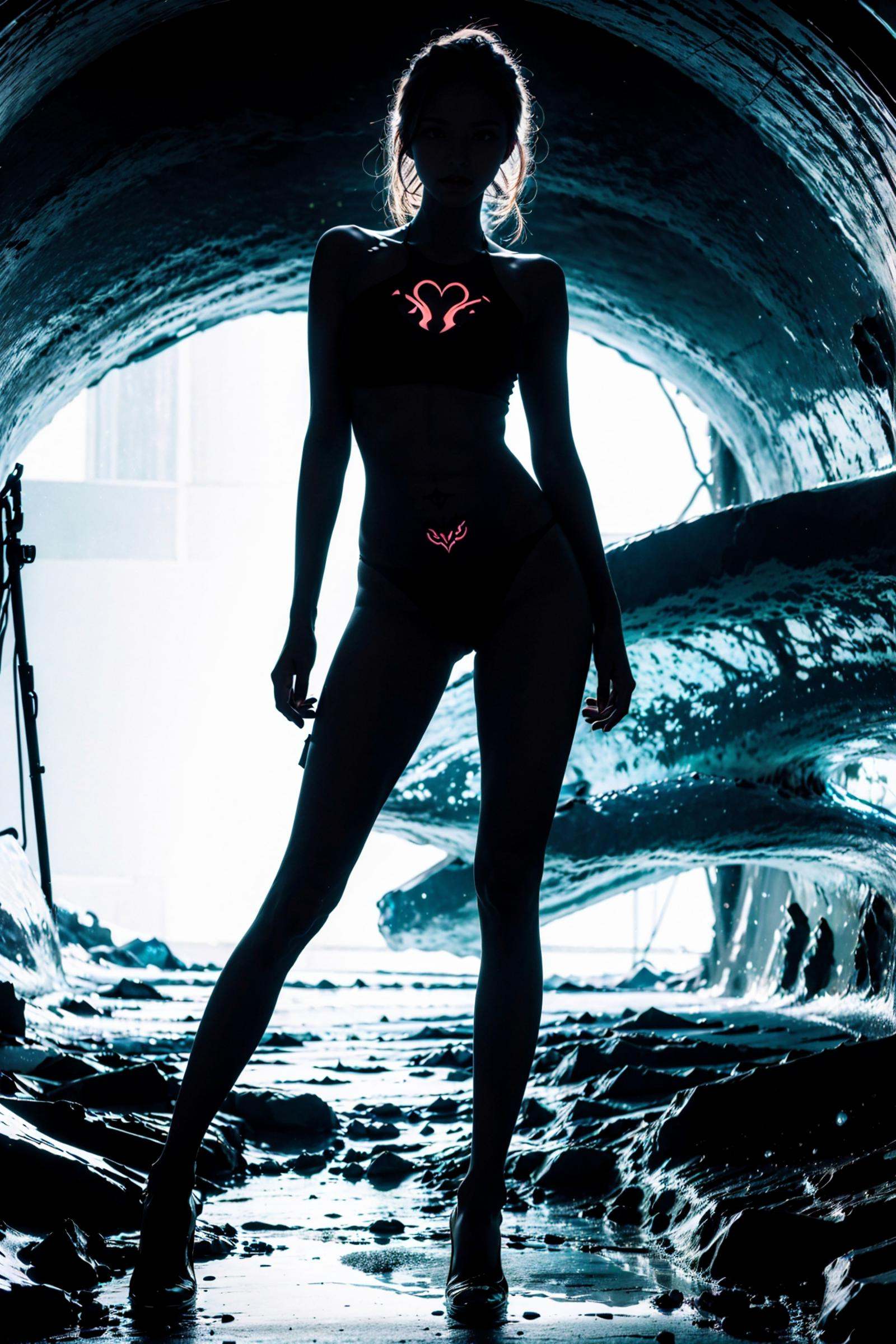(silhouette:1.5)，cury，1girl，solo，standing，long hair，breasts，nude，full body，glowing，ass，(glowing full- body tattoo:1.3)，high_heels, green theme，Epic CG masterpiece, hdr,dtm, full ha,8K, ultra detailed graphic tension, dynamic poses, stunning colors, 3D rendering, surrealism, cinematic lighting effects, realism, 00 renderer, super realistic, full - body photos, super vista, super wide Angle, HD，<lora:绪儿-剪影curvy:0.8>