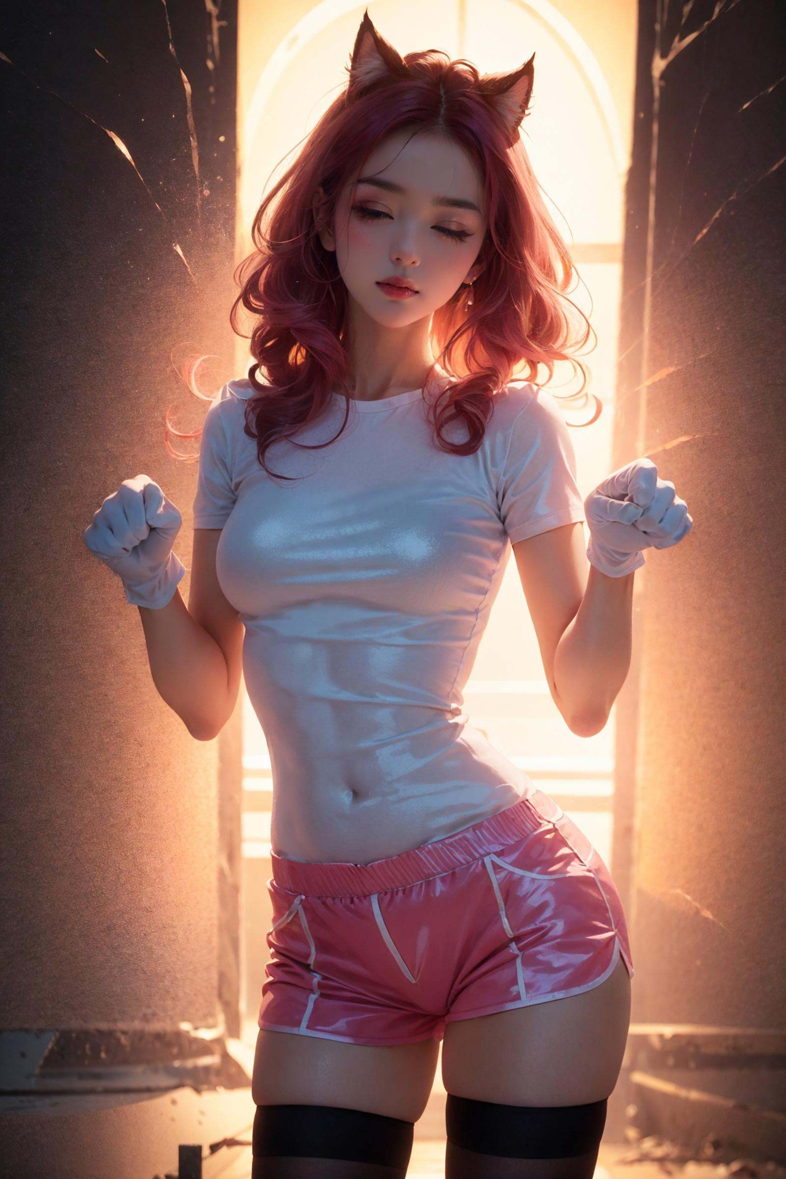 1girl,(paw gloves:1.2),1girl,narrow waist,middle breasts,plump,( closed eyes, ),(paint on gloves, fingerless gloves, paw, paw pose, paw gloves, paws, blush, nose blush, ),(tights, tight, Tight fitting, tight shirt, pink t-shirt, pink shorts, pink shirt, pink hair, colorful hair, curly hair, silver hair, scratch posture, small cat ears, ),(sunlight, sunshine on body, sunset, indoors, warm color, warm light),(pale skin, real skin, super white skin),(white skin:1.2),(best quality, highres, photorealistic, raw, 8k,masterpiece, ),best quality,masterpiec8K.HDR. highresabsurdres:1.2,film grain,blurrybokeh:1.2,lens flare,(vibrant color:1.2),(delicate),cowboy shot,medium breasts,(nsfw:0.9)(silhouette:1.3)，curvy,<lora:绪儿-剪影curvy:0.8>