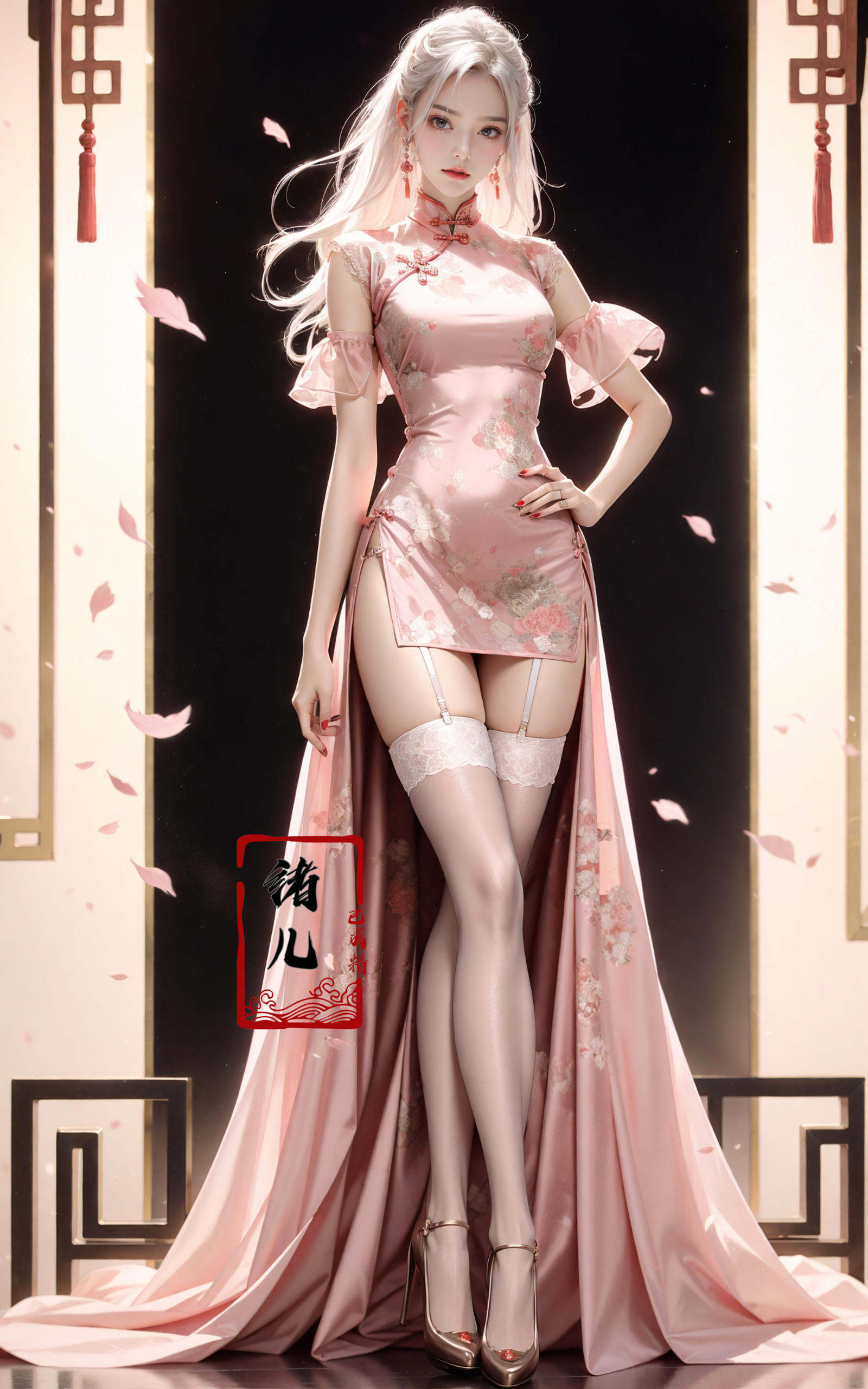 Black background,  Fashion cheongsam,  nail polish by B站绪儿已成精 on Tensor.Art