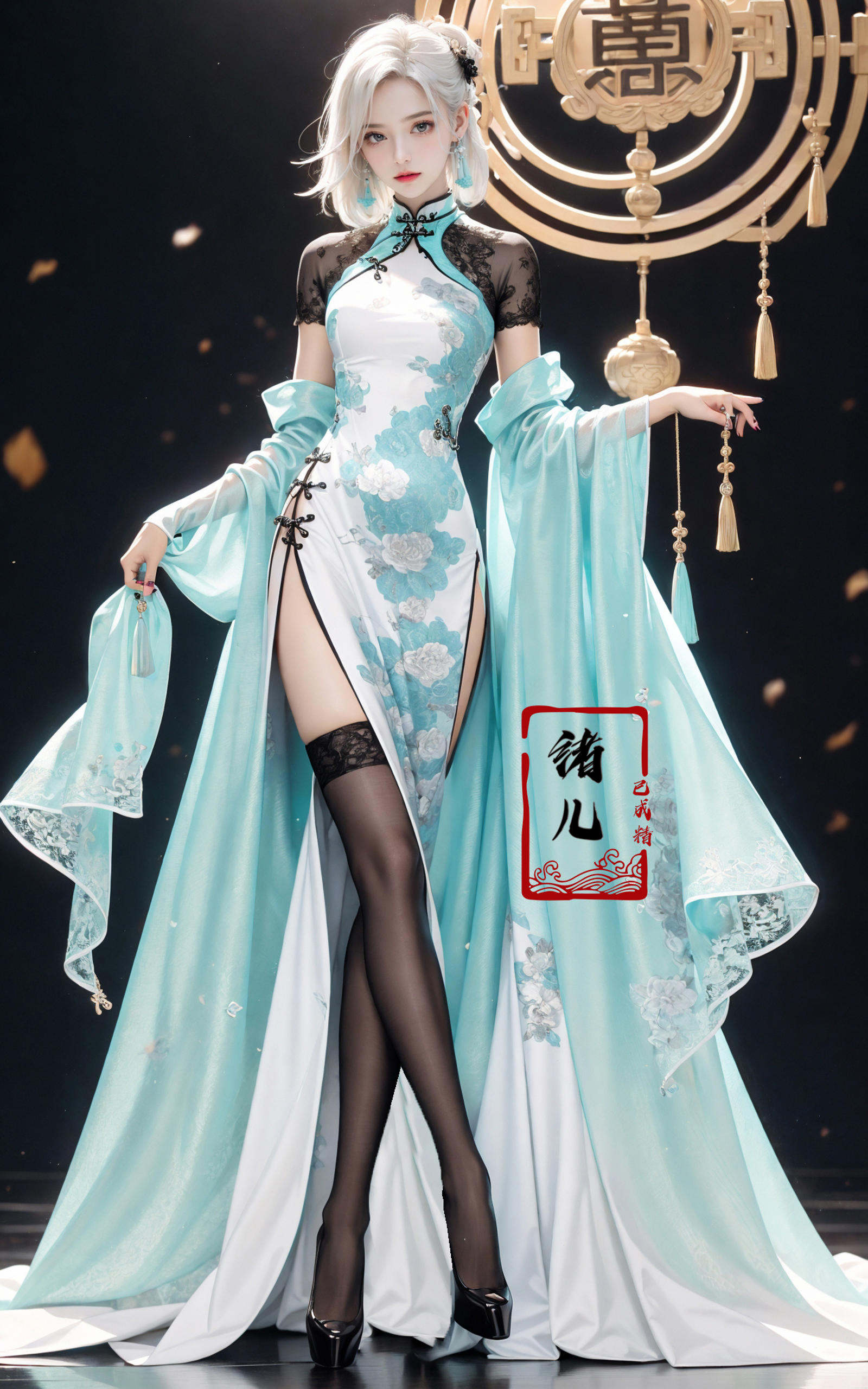 Black background,  Fashion cheongsam,  nail polish by B站绪儿已成精 on Tensor.Art