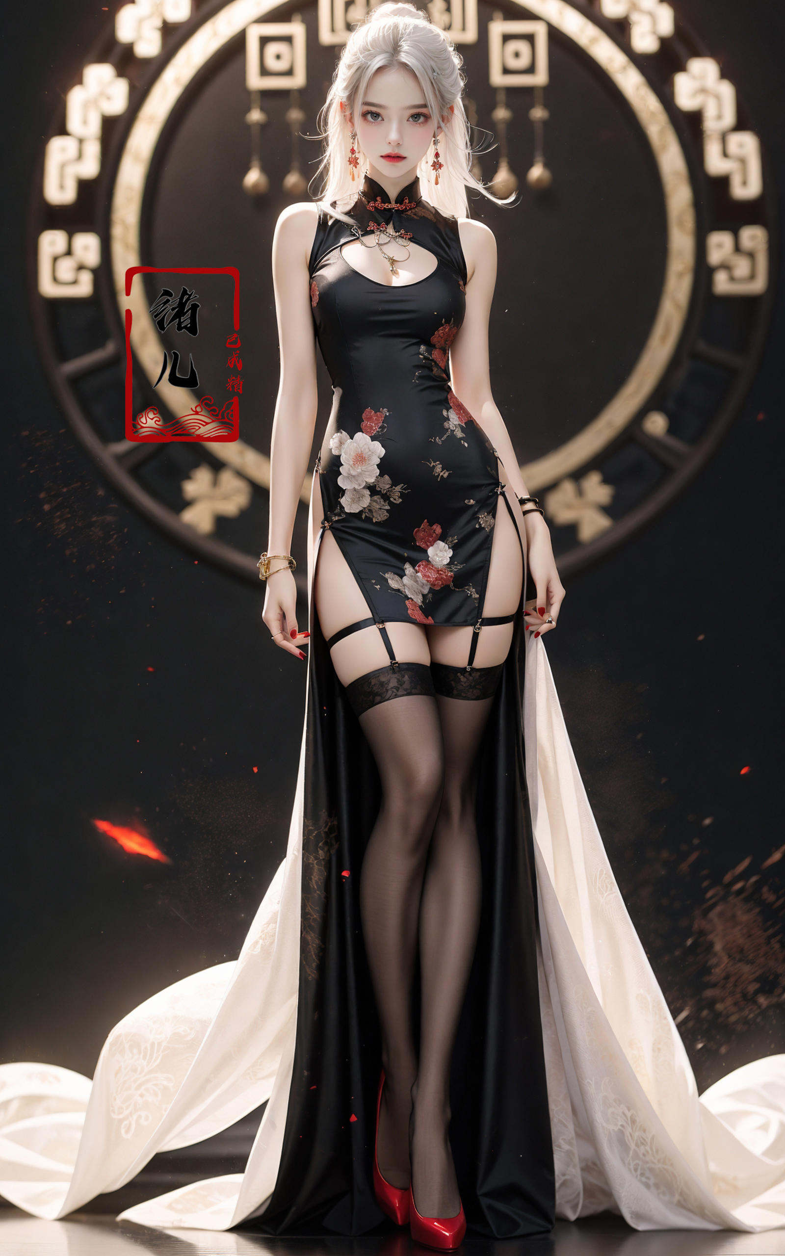 Black background,  Fashion cheongsam,  nail polish by B站绪儿已成精 on Tensor.Art