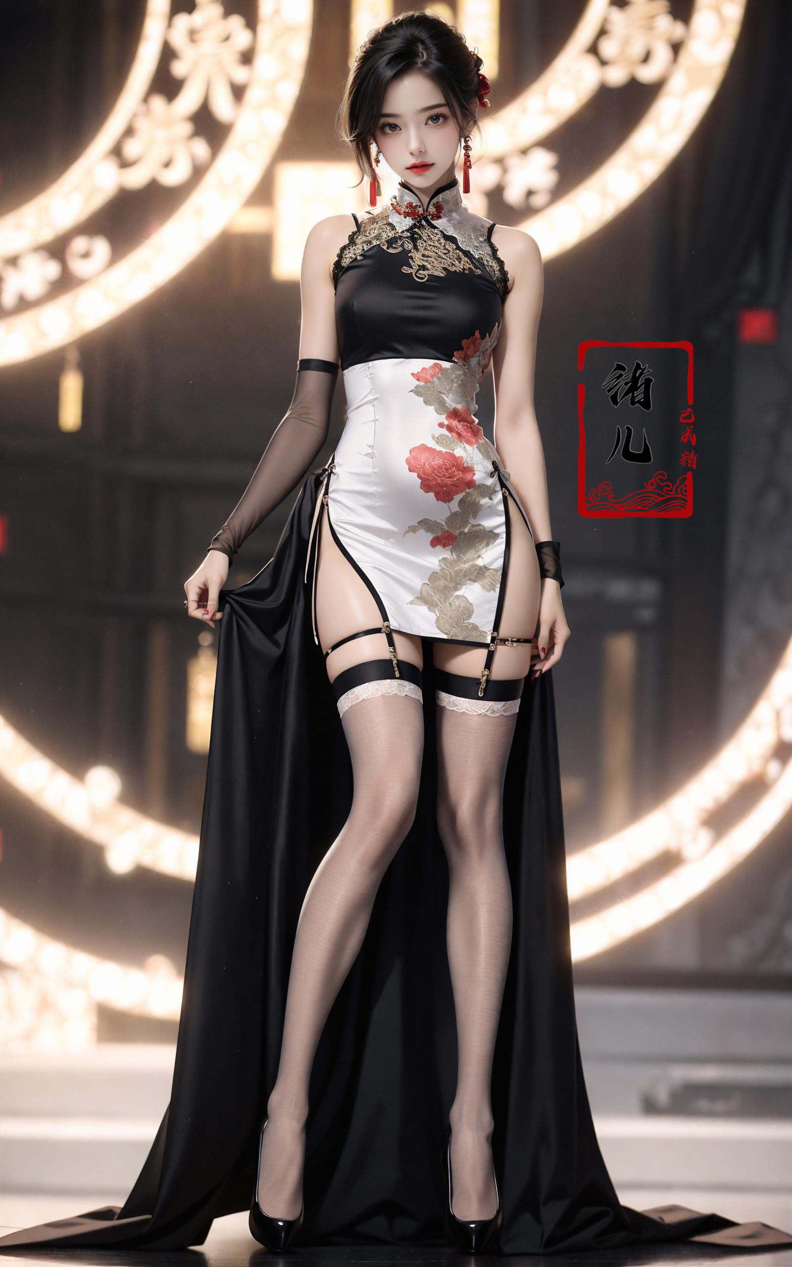 Black background,  Fashion cheongsam,  nail polish by B站绪儿已成精 on Tensor.Art