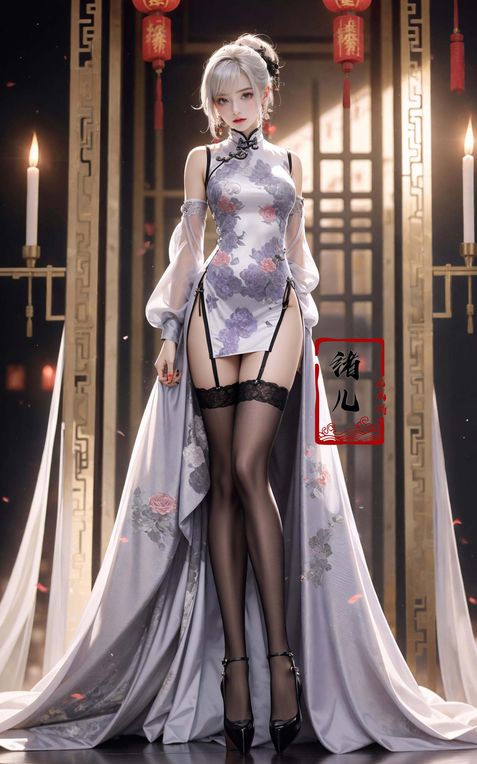 Black background,  Fashion cheongsam,  nail polish by B站绪儿已成精 on Tensor.Art