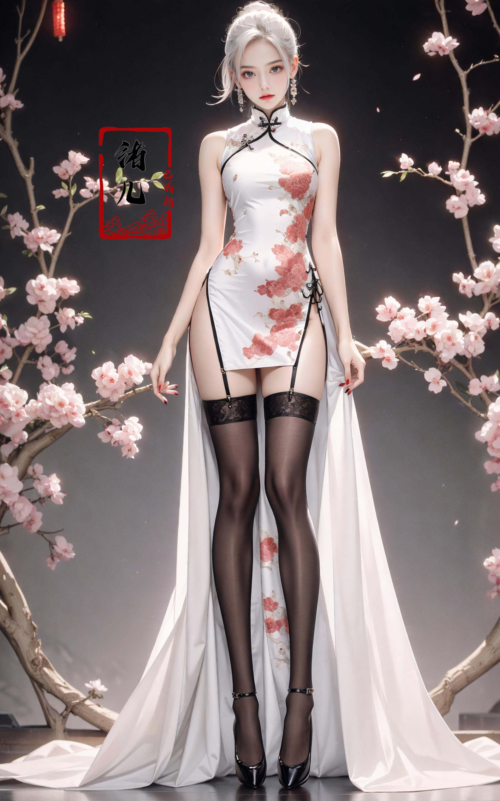 Black background,  Fashion cheongsam,  nail polish by B站绪儿已成精 on Tensor.Art