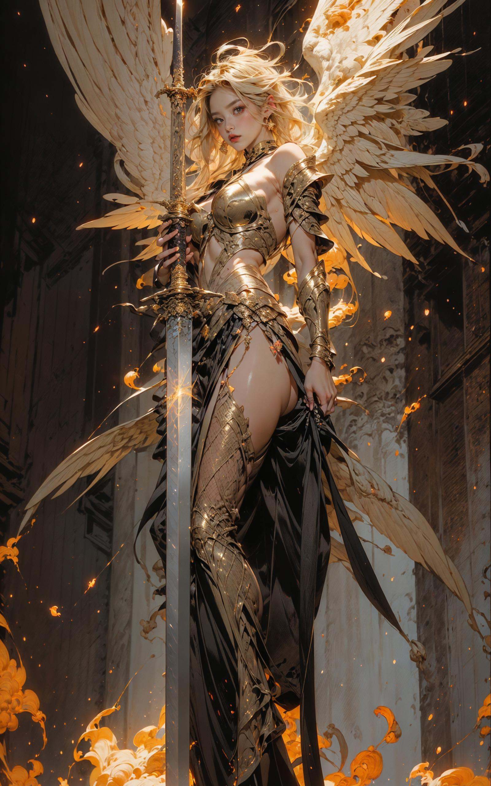 angel,  Super powerful flame angel flies out of the clouds,  behind him is golden meteor magic surrounding his body by B站绪...
