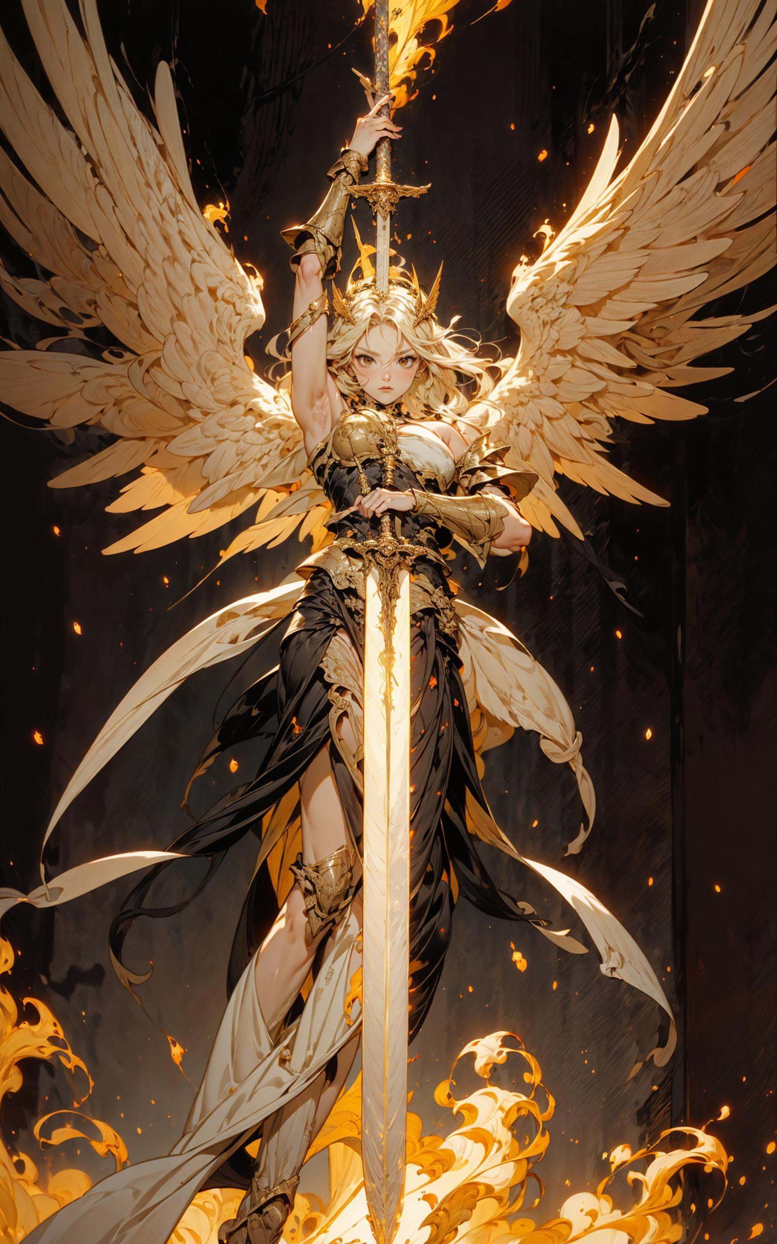 angel,  Super powerful flame angel flies out of the clouds,  behind him is golden meteor magic surrounding his body by B站绪...
