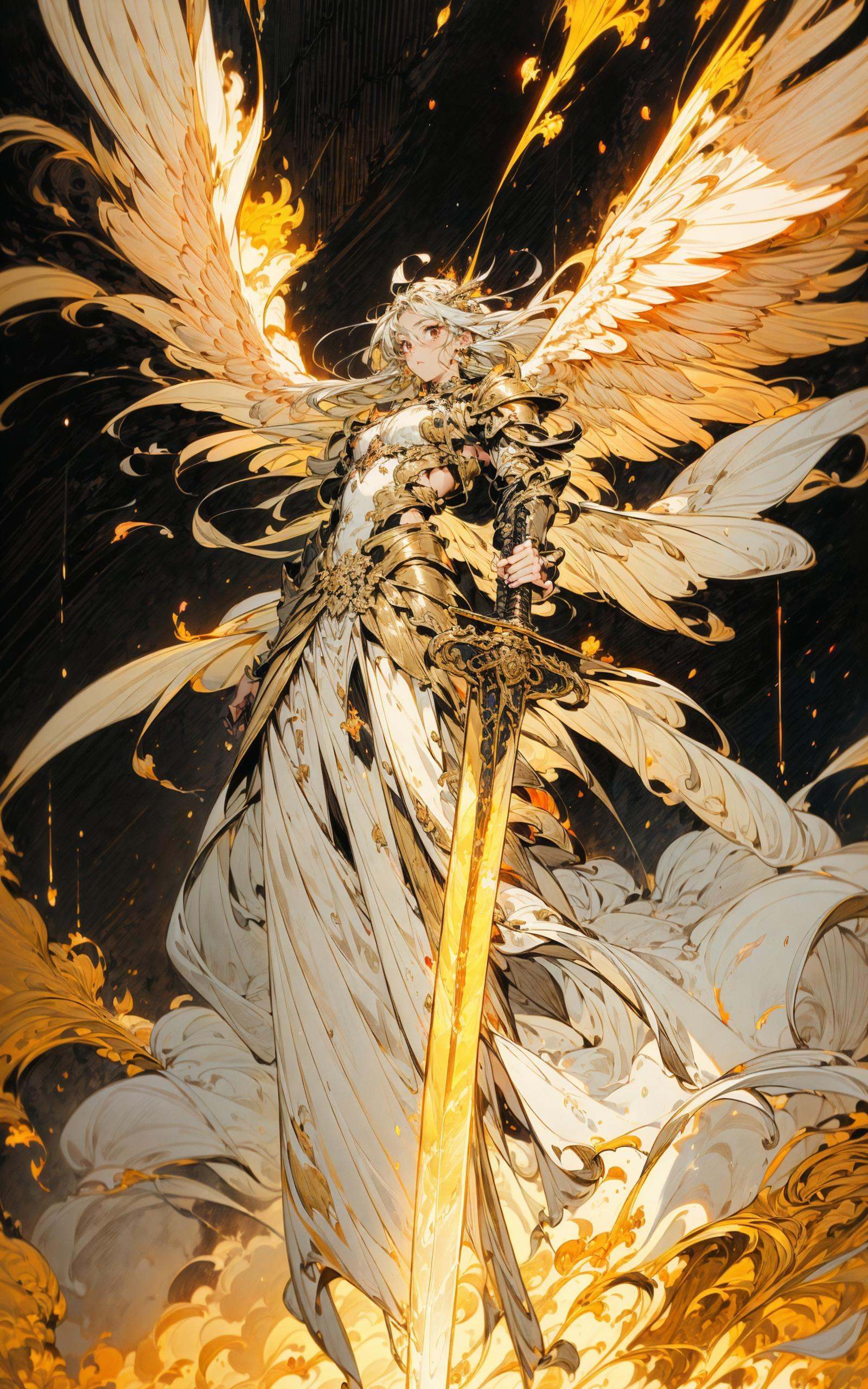 angel,  Super powerful flame angel flies out of the clouds,  behind him is golden meteor magic surrounding his body on Ten...