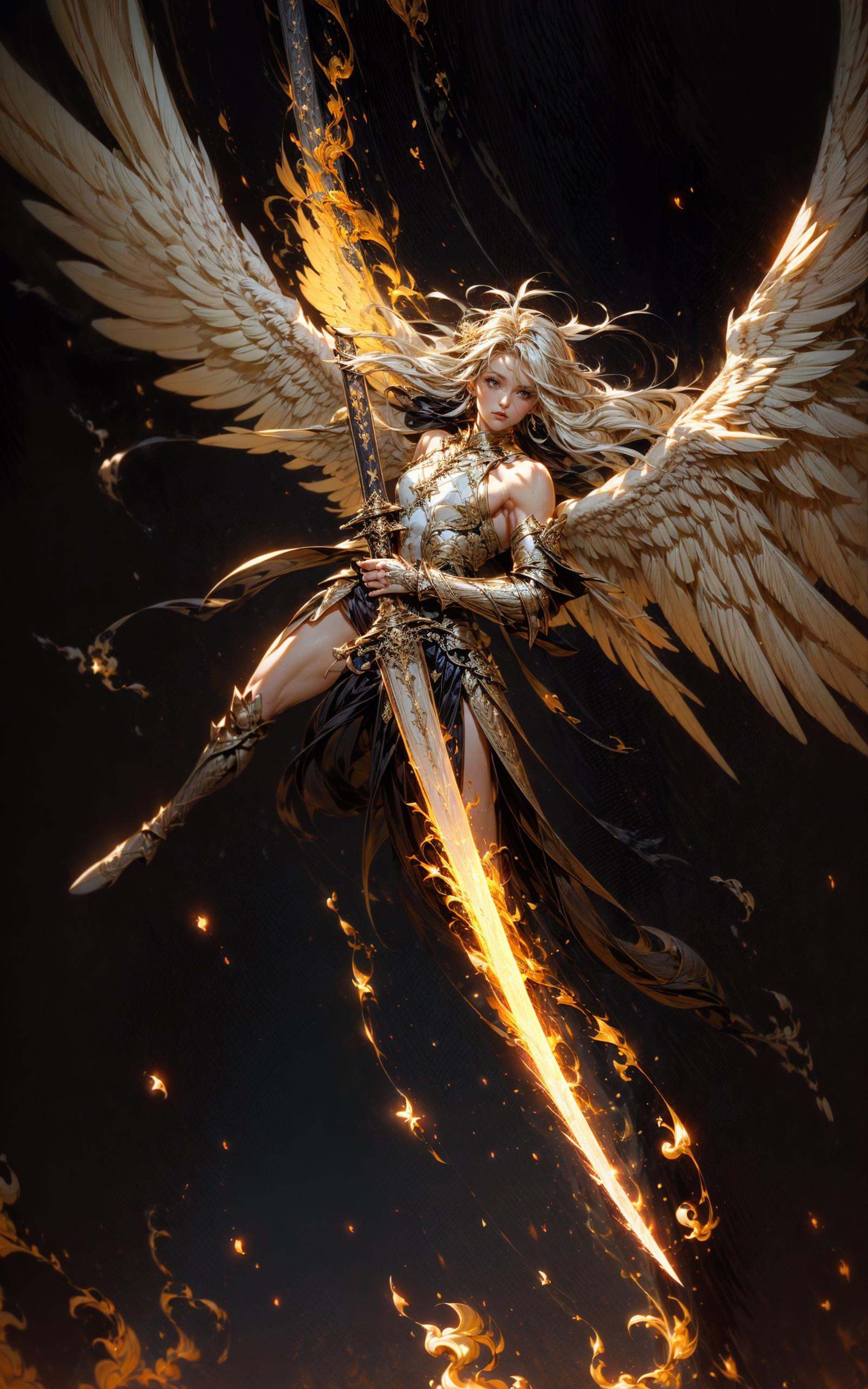 angel,  Super powerful flame angel flies out of the clouds,  behind him is golden meteor magic surrounding his body on Ten...