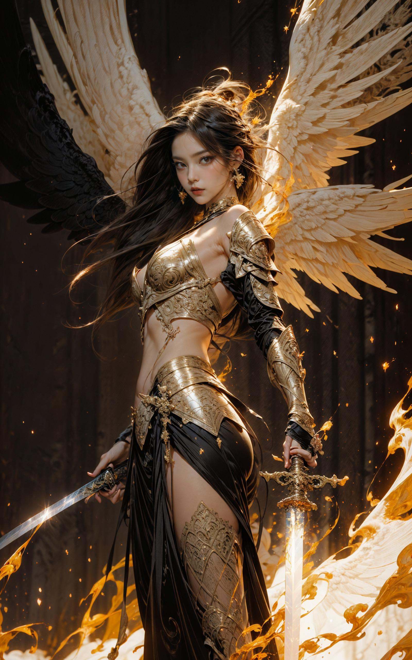 angel,  Super powerful flame angel flies out of the clouds,  behind him is golden meteor magic surrounding his body by B站绪...