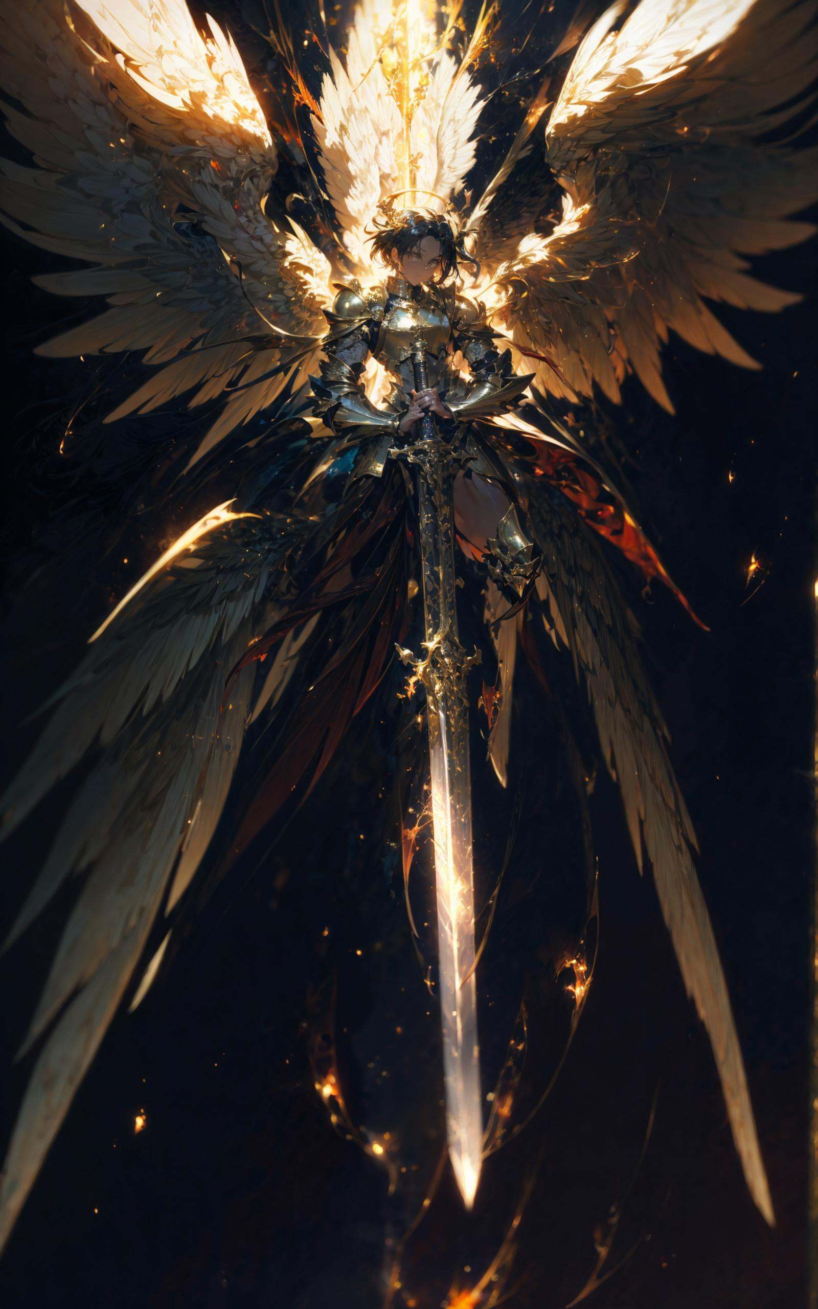angel,  Super powerful flame angel flies out of the clouds,  behind him is golden meteor magic surrounding his body by B站绪...
