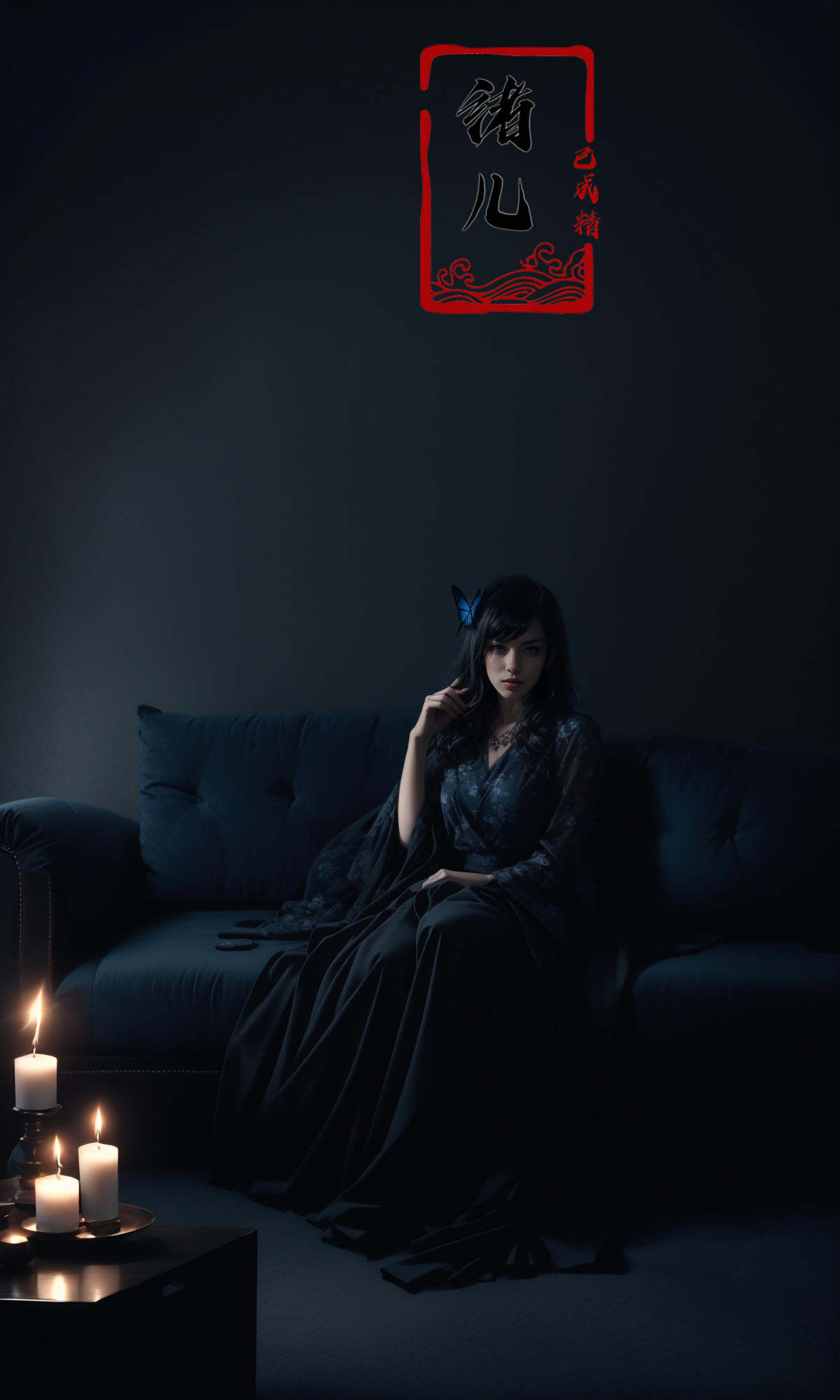 cinematic sets,  dark wallpaper,  with a girl on a sofa surrounded by candles by B站绪儿已成精 on Tensor.Art