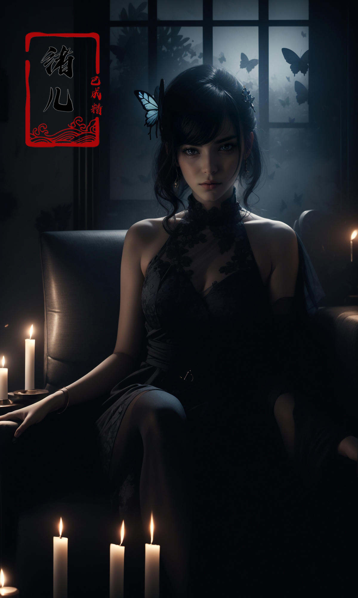 cinematic sets,  dark wallpaper,  with a girl on a sofa surrounded by candles by B站绪儿已成精 on Tensor.Art