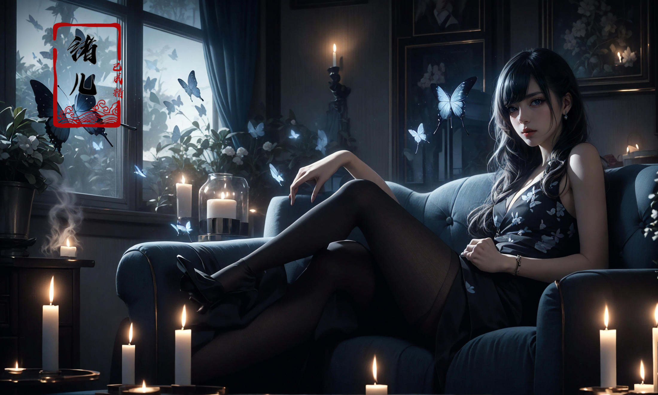 with a girl on a sofa surrounded by candles,  matte photo,  dark gray and blue by B站绪儿已成精 on Tensor.Art
