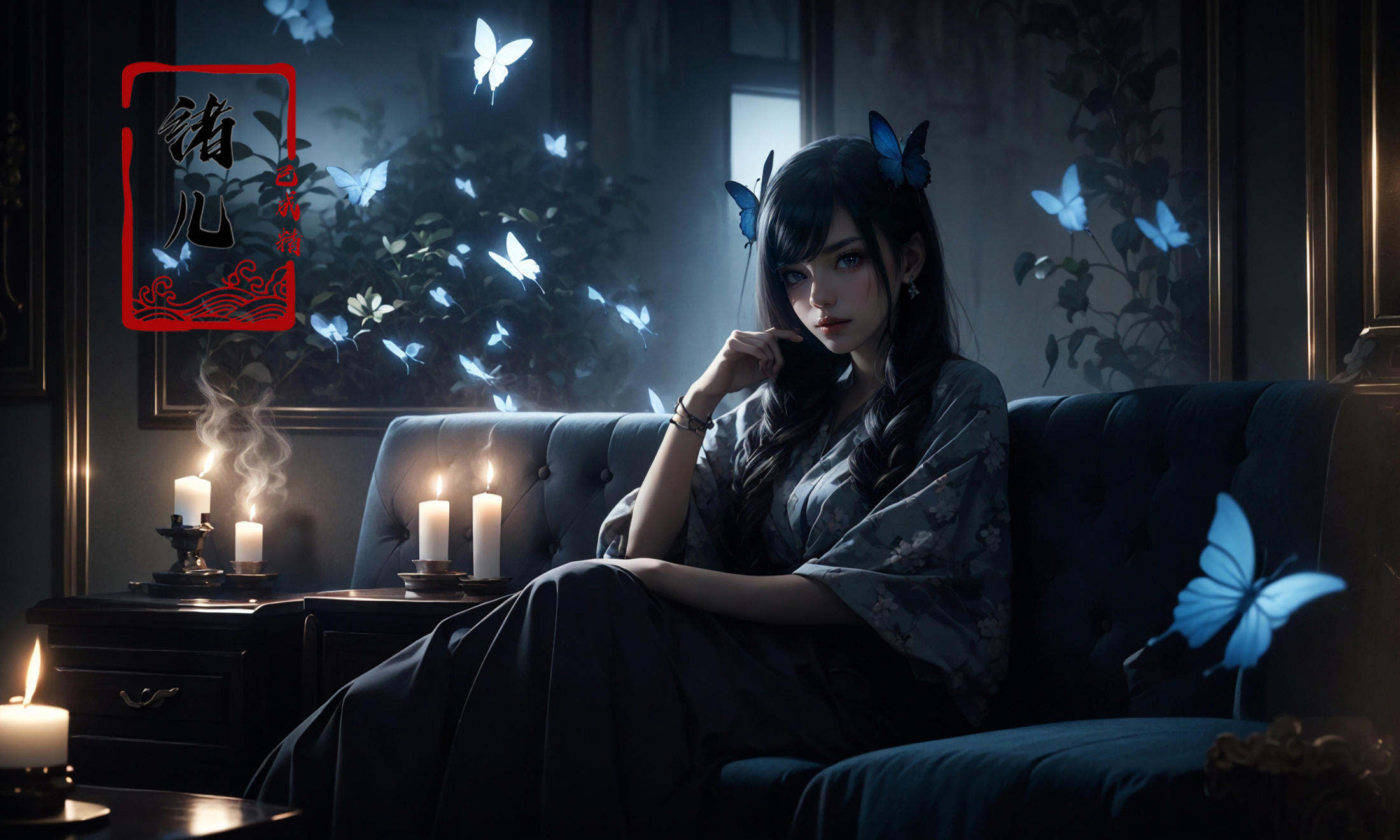 with a girl on a sofa surrounded by candles,  matte photo,  dark gray and blue by B站绪儿已成精 on Tensor.Art