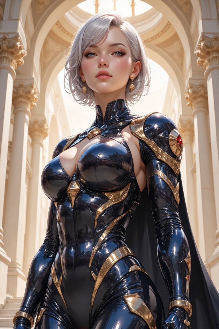 "A futuristic and elegant female figure with a striking,  otherworldly presence,  standing confidently in a minimalistic y...