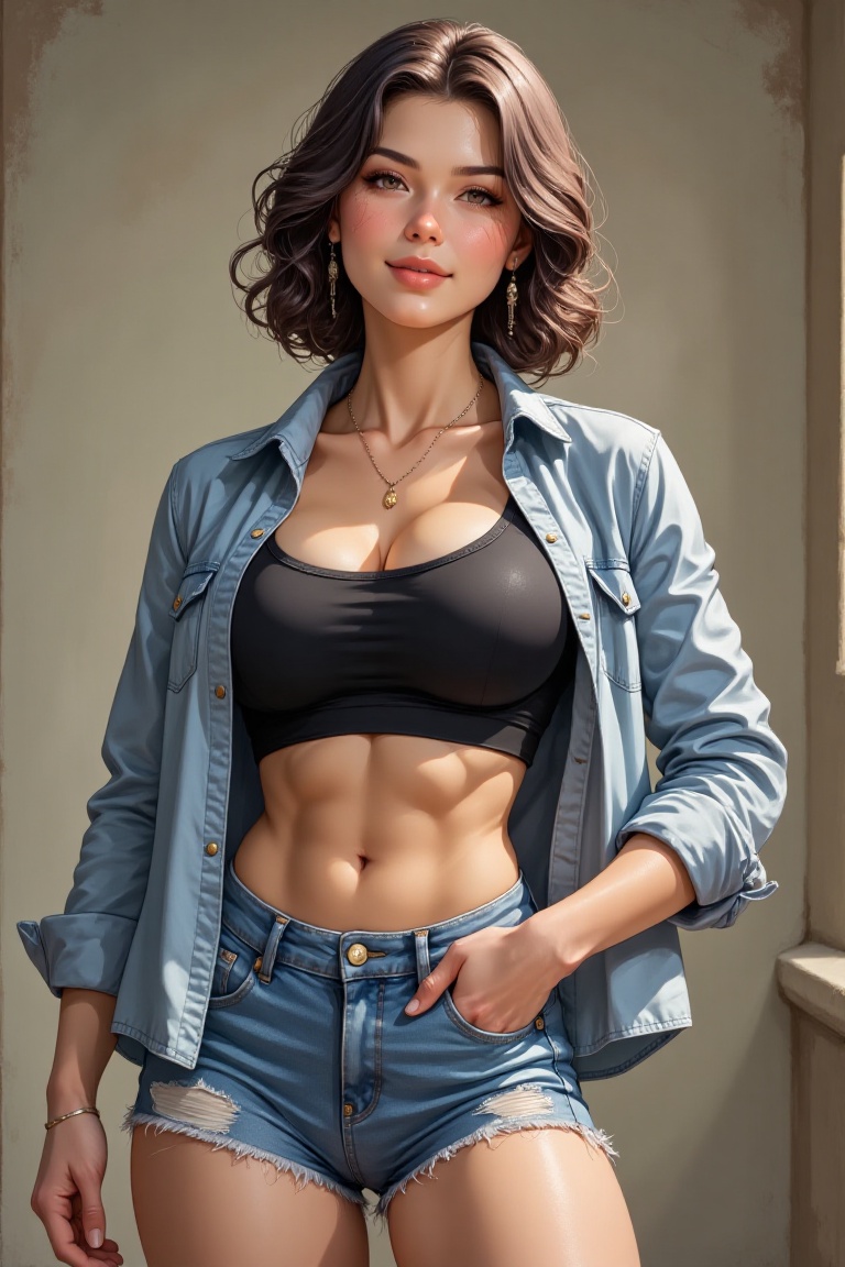 A strikingly confident woman stands against a softly lit background,  her pose exuding effortless charm and poise. Her war...