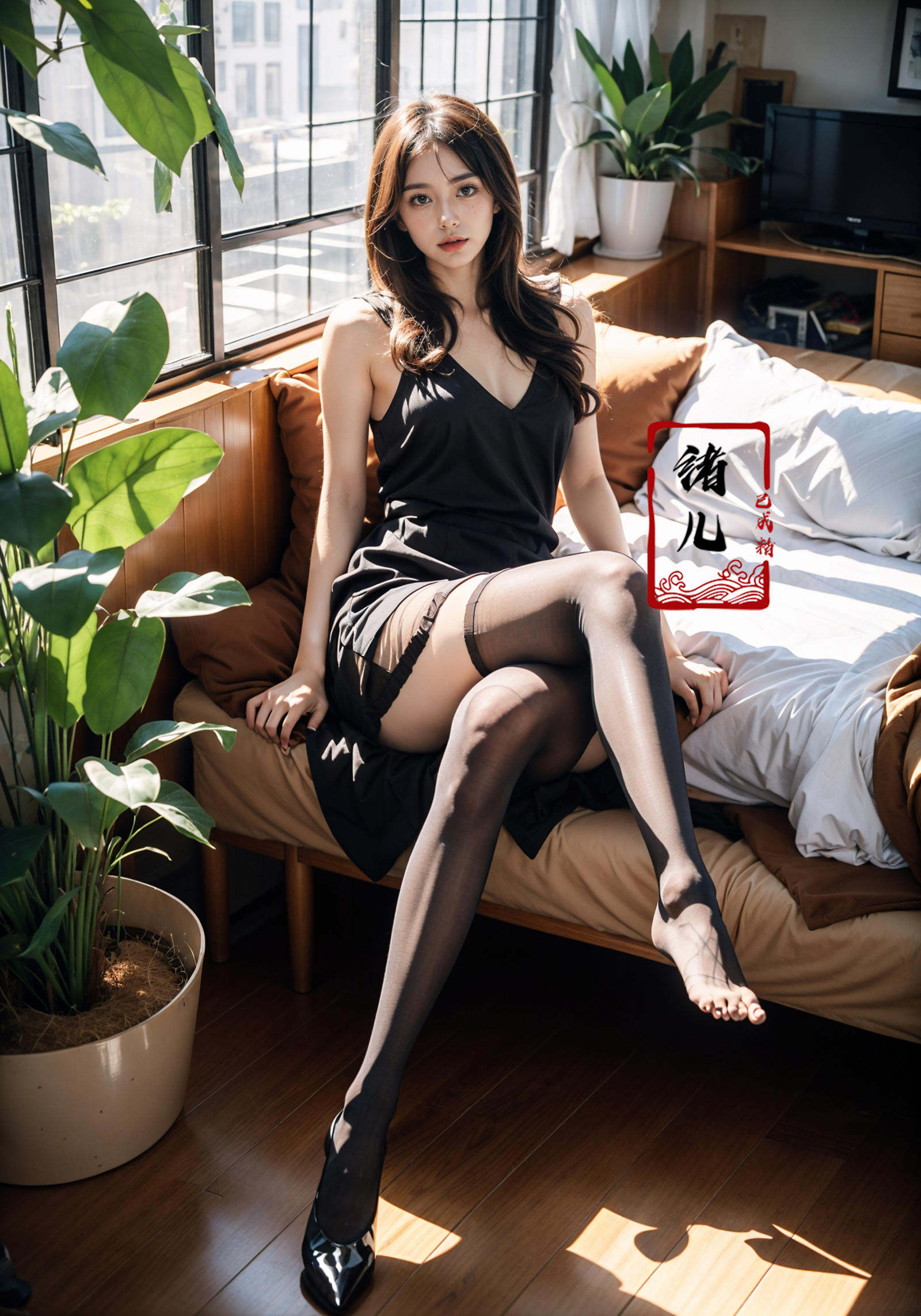 1girl,  Milky skin, (shiny skin:1.4)，sit，Crossed legs, Black transparent pantyhose，<lora:绪儿-阳光少女window:0.8>