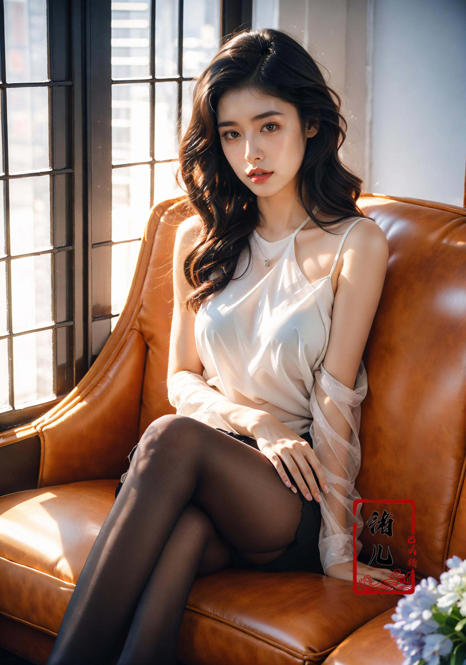1girl,  Milky skin, (shiny skin:1.4)，sit，Crossed legs, Black transparent pantyhose，<lora:绪儿-阳光少女window:0.8> <lora:Phantom light_20230910194731:0.6>