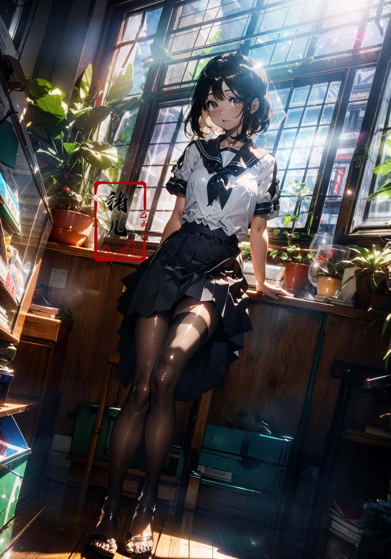 Epic CG masterpiece, an anime girl in a room with plants, no shoes, Black transparent pantyhose, pleated skirt, Sailor suit, sailor collar, in the style of photorealistic urban scenes, applecore, sandalpunk, high-angle, vacation dadcore, solarizing master1girl,  Milky skin, (shiny skin:1.4)，silk stockings，<lora:绪儿-阳光少女window:0.8>