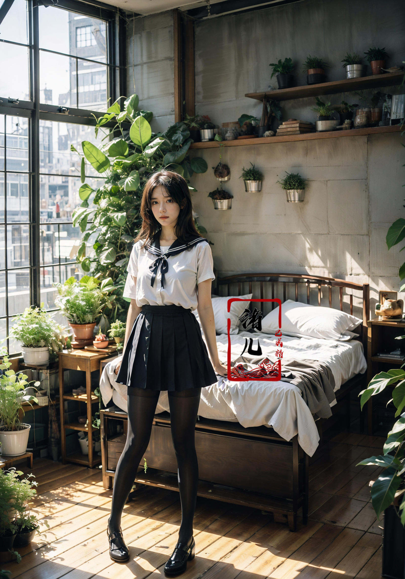 Epic CG masterpiece, an anime girl in a room with plants, no shoes, Black transparent pantyhose, pleated skirt, Sailor suit, sailor collar, in the style of photorealistic urban scenes, applecore, sandalpunk, high-angle, vacation dadcore, solarizing master1girl,  Milky skin, (shiny skin:1.4)，sit，Crossed legs, Black transparent pantyhose，<lora:绪儿-阳光少女window:0.8>