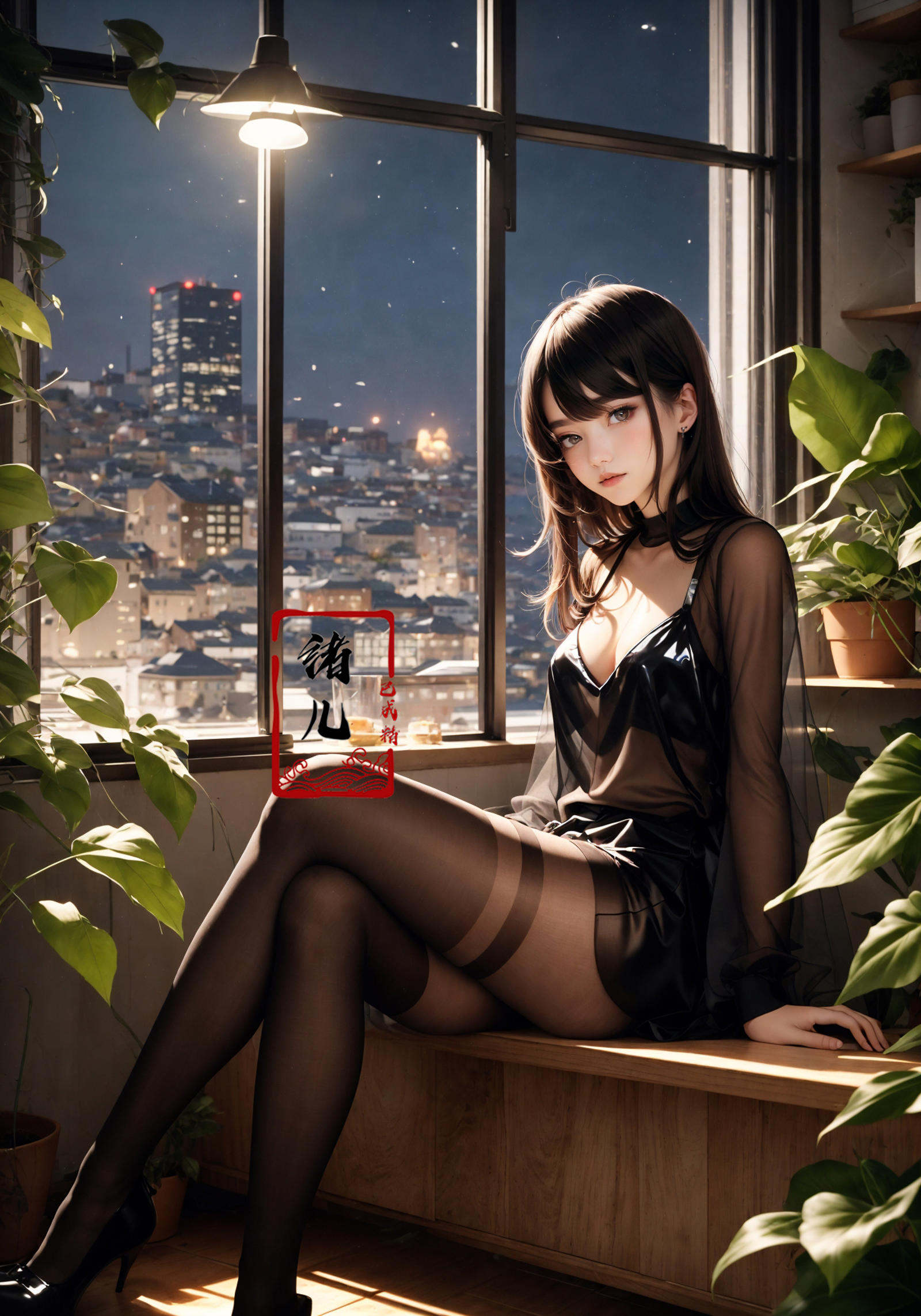 night，1girl,  Milky skin, (shiny skin:1.4)，sit，Crossed legs, Black transparent pantyhose，<lora:绪儿-阳光少女window:0.8>