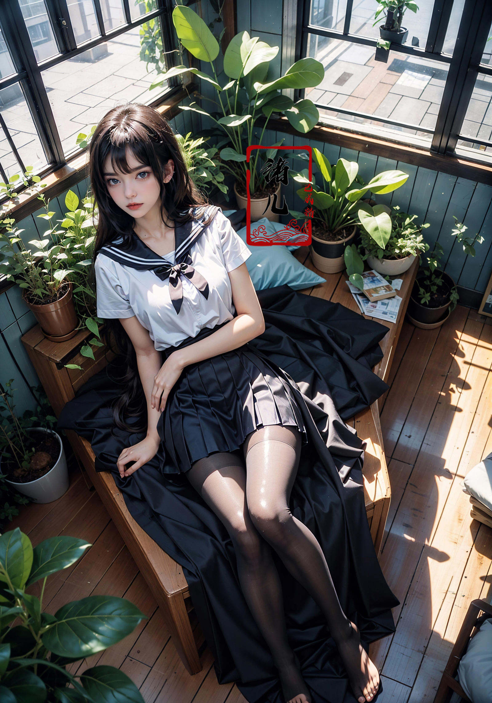 Epic CG masterpiece, an anime girl in a room with plants, no shoes, Black transparent pantyhose, pleated skirt, Sailor suit, sailor collar, in the style of photorealistic urban scenes, applecore, sandalpunk, high-angle, vacation dadcore, solarizing master1girl,  Milky skin, (shiny skin:1.4)，silk stockings，to lie down，<lora:绪儿-阳光少女window:0.8>