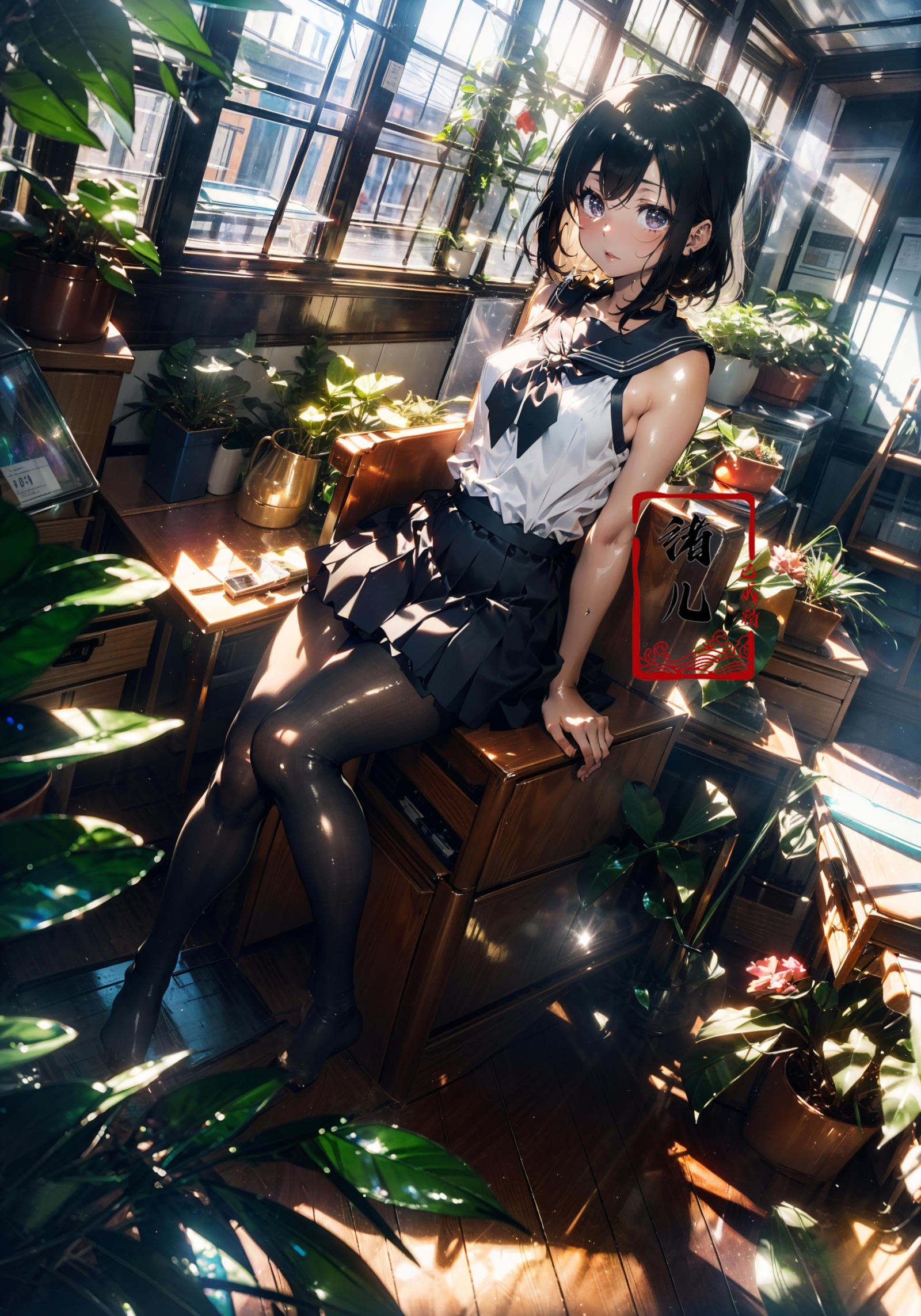 Epic CG masterpiece, an anime girl in a room with plants, no shoes, Black transparent pantyhose, pleated skirt, Sailor suit, sailor collar, in the style of photorealistic urban scenes, applecore, sandalpunk, high-angle, vacation dadcore, solarizing master1girl,  Milky skin, (shiny skin:1.4)，silk stockings，<lora:绪儿-阳光少女window:0.8>