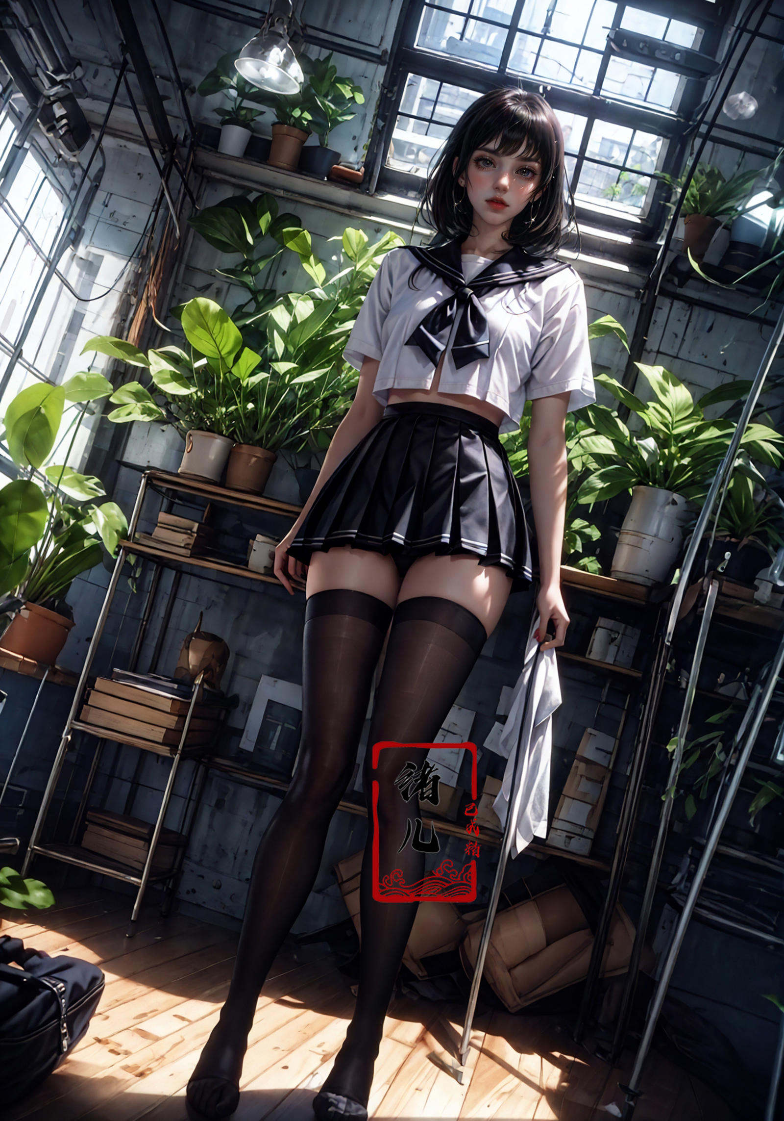 Epic CG masterpiece, an anime girl in a room with plants, no shoes, Black transparent pantyhose, pleated skirt, Sailor suit, sailor collar, in the style of photorealistic urban scenes, applecore, sandalpunk, high-angle, vacation dadcore, solarizing master，<lora:绪儿-阳光少女window:0.8>