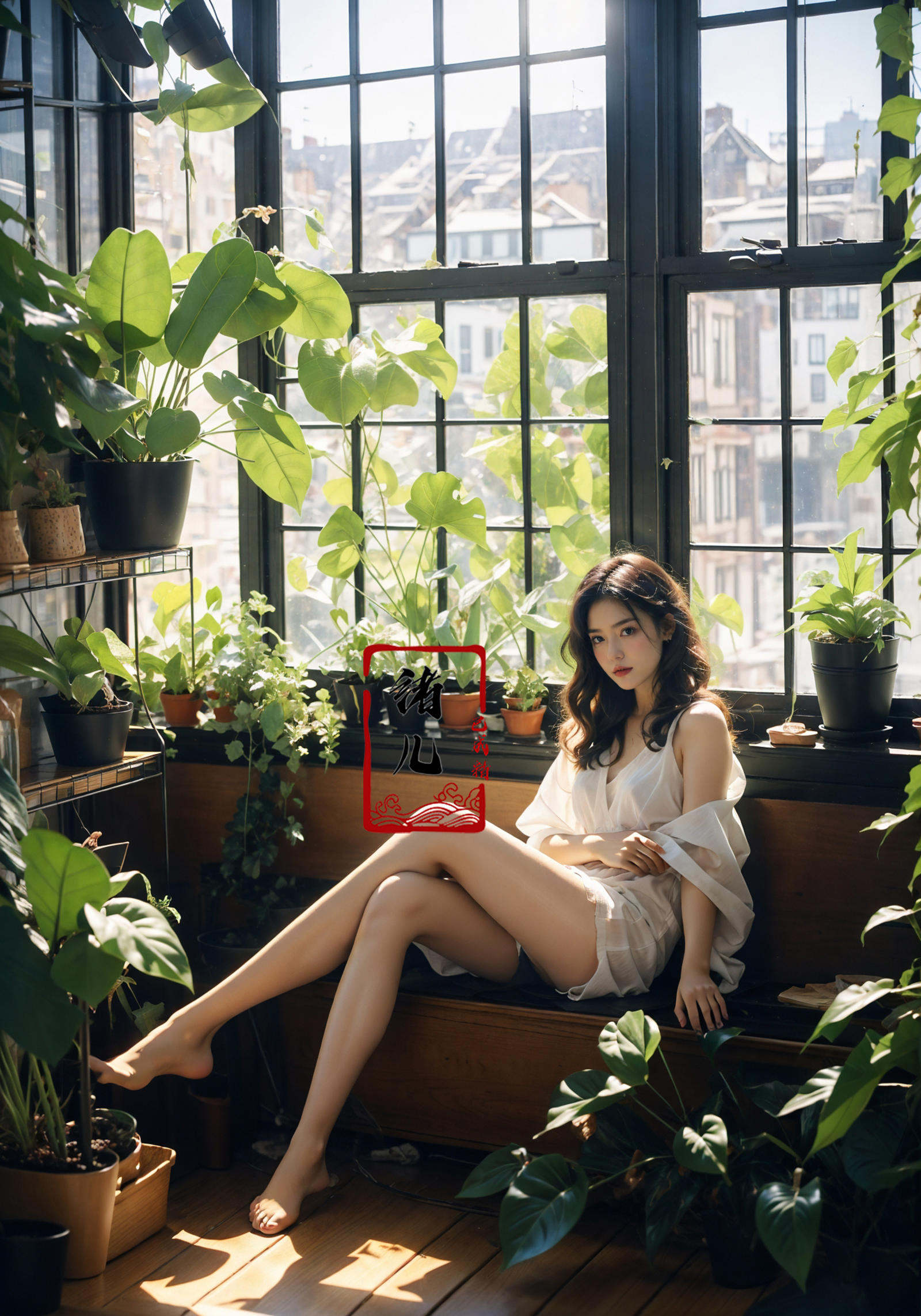 1girl,  Milky skin, (shiny skin:1.4)，sit，Crossed legs, Black transparent pantyhose，window，plant，sunlight，no shoes，potted plant，<lora:绪儿-阳光少女window:0.8> <lora:Phantom light_20230910194731:0.4>