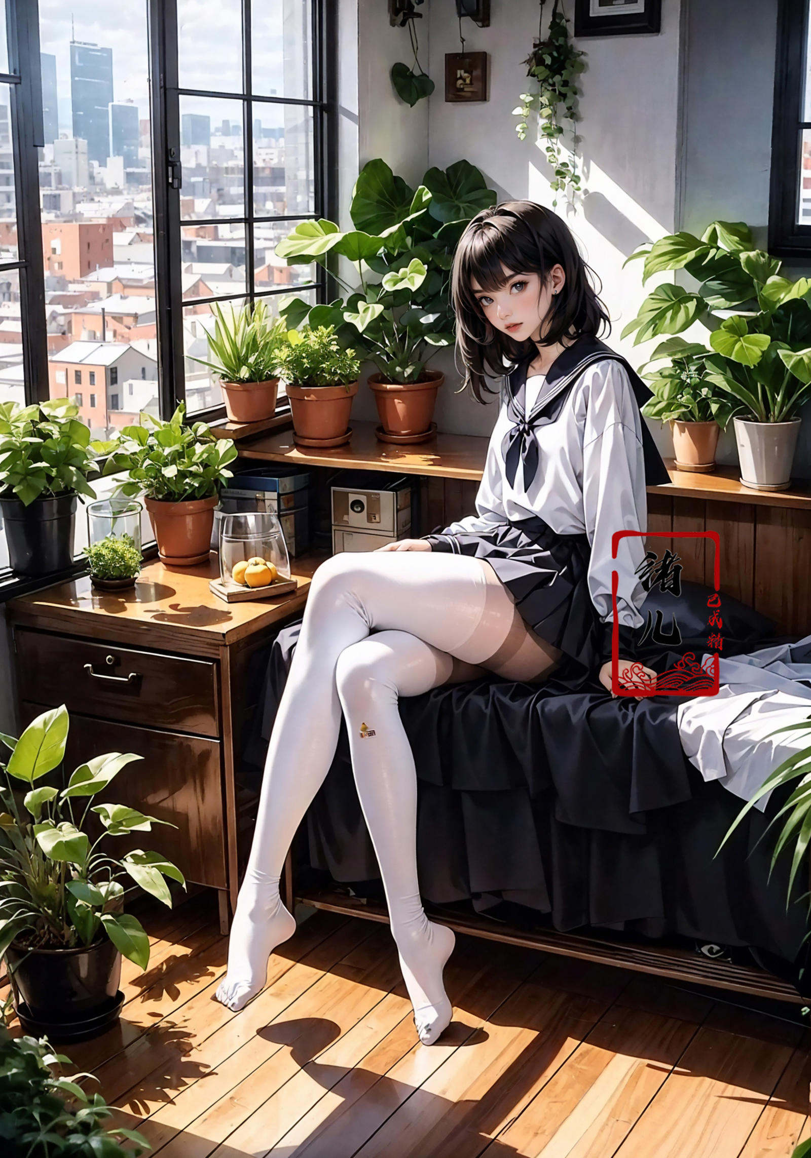 Epic CG masterpiece, an anime girl in a room with plants, no shoes, Black transparent pantyhose, pleated skirt, Sailor suit, sailor collar, in the style of photorealistic urban scenes, applecore, sandalpunk, high-angle, vacation dadcore, solarizing master，night，1girl,  Milky skin, (shiny skin:1.4)，sit，Crossed legs, Black transparent pantyhose，<lora:绪儿-阳光少女window:0.8>