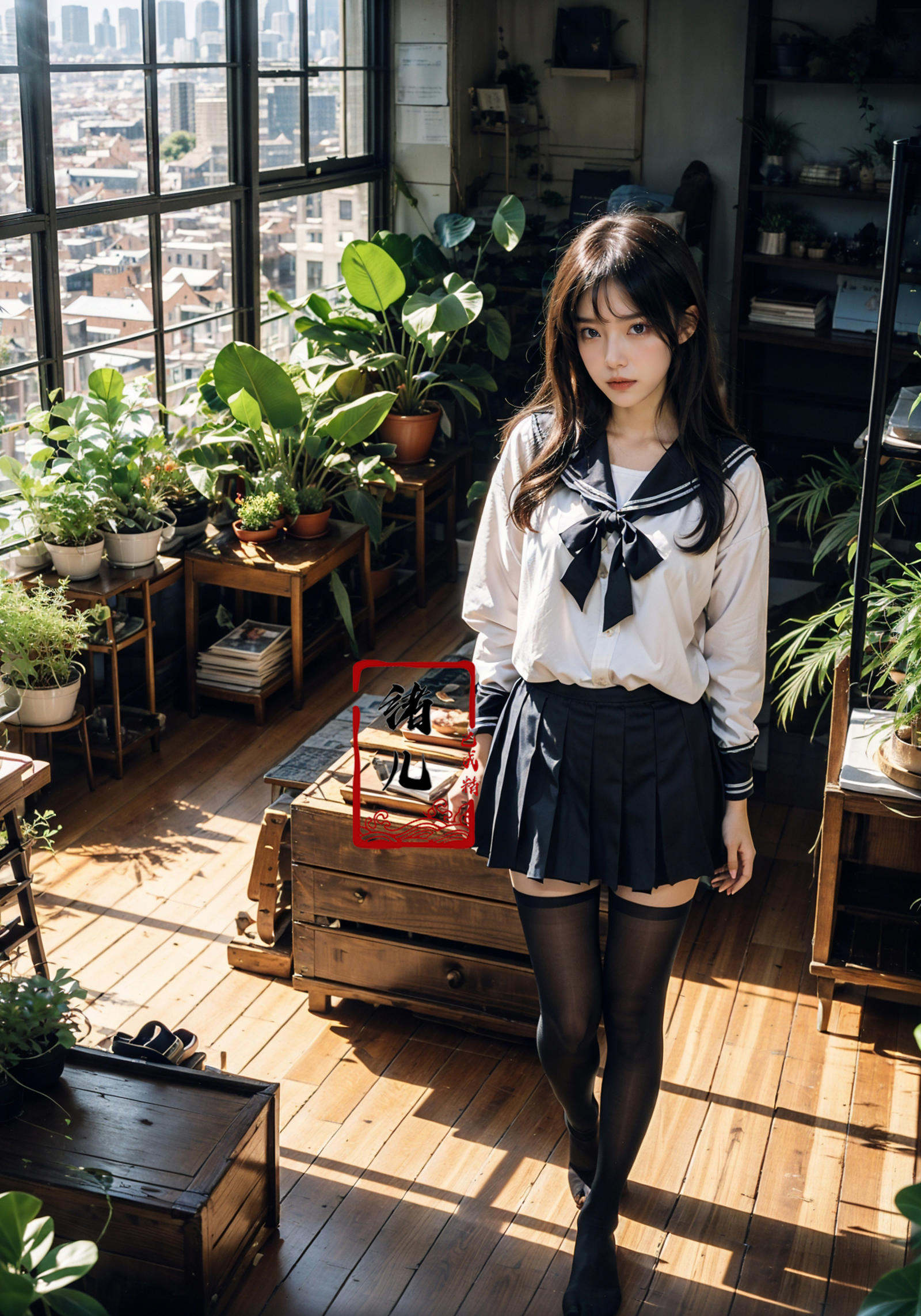 Epic CG masterpiece, an anime girl in a room with plants, no shoes, Black transparent pantyhose, pleated skirt, Sailor suit, sailor collar, in the style of photorealistic urban scenes, applecore, sandalpunk, high-angle, vacation dadcore, solarizing master，<lora:window_20231101033405:0.8>