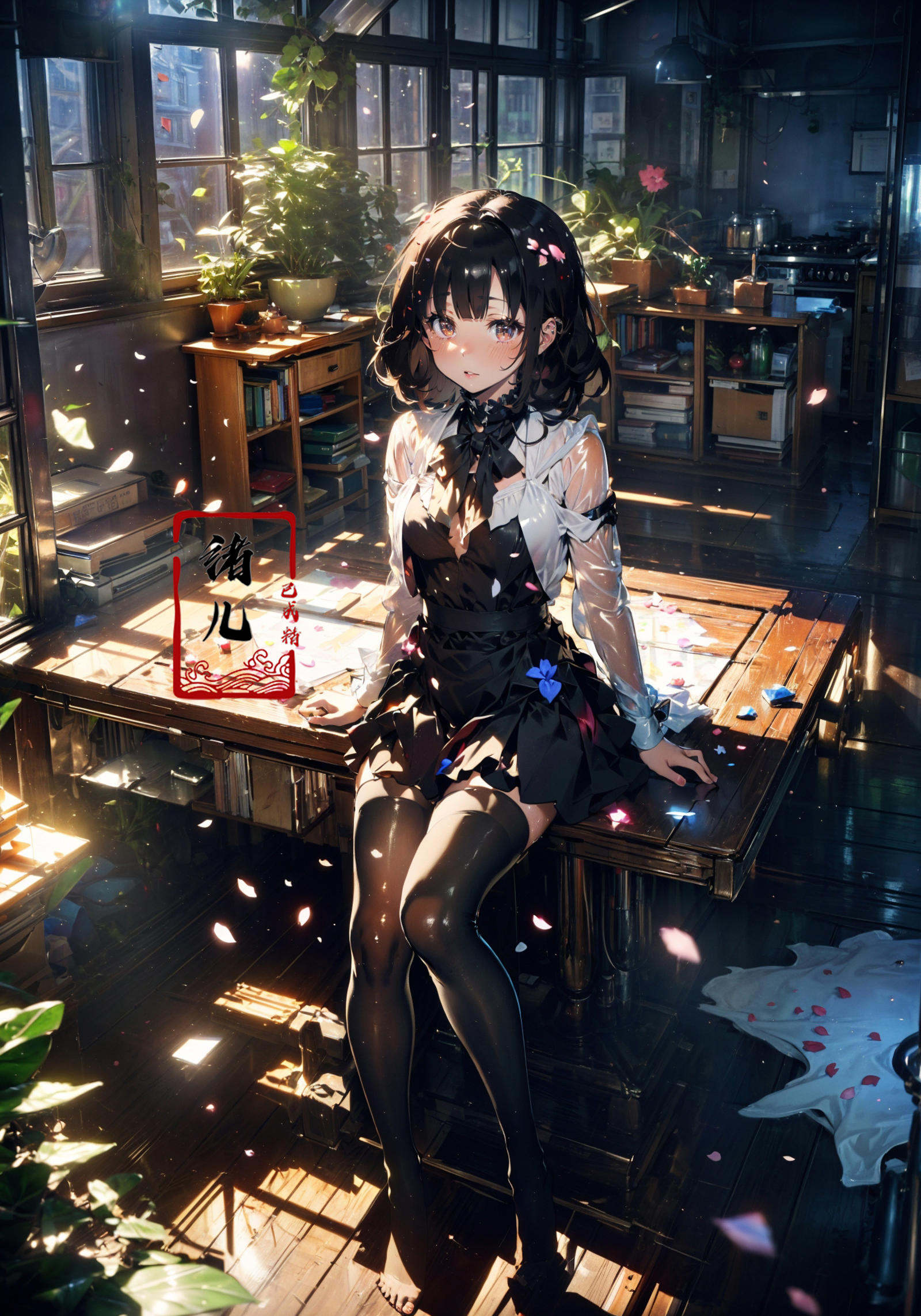 (masterpiece, top quality, best quality, official art, beautiful and aesthetic:1.2),(fractal art:1.2)， (Scattered petal:1.1)，1girl,  Milky skin, (shiny skin:1.4)，silk stockings，<lora:绪儿-阳光少女window:0.8>